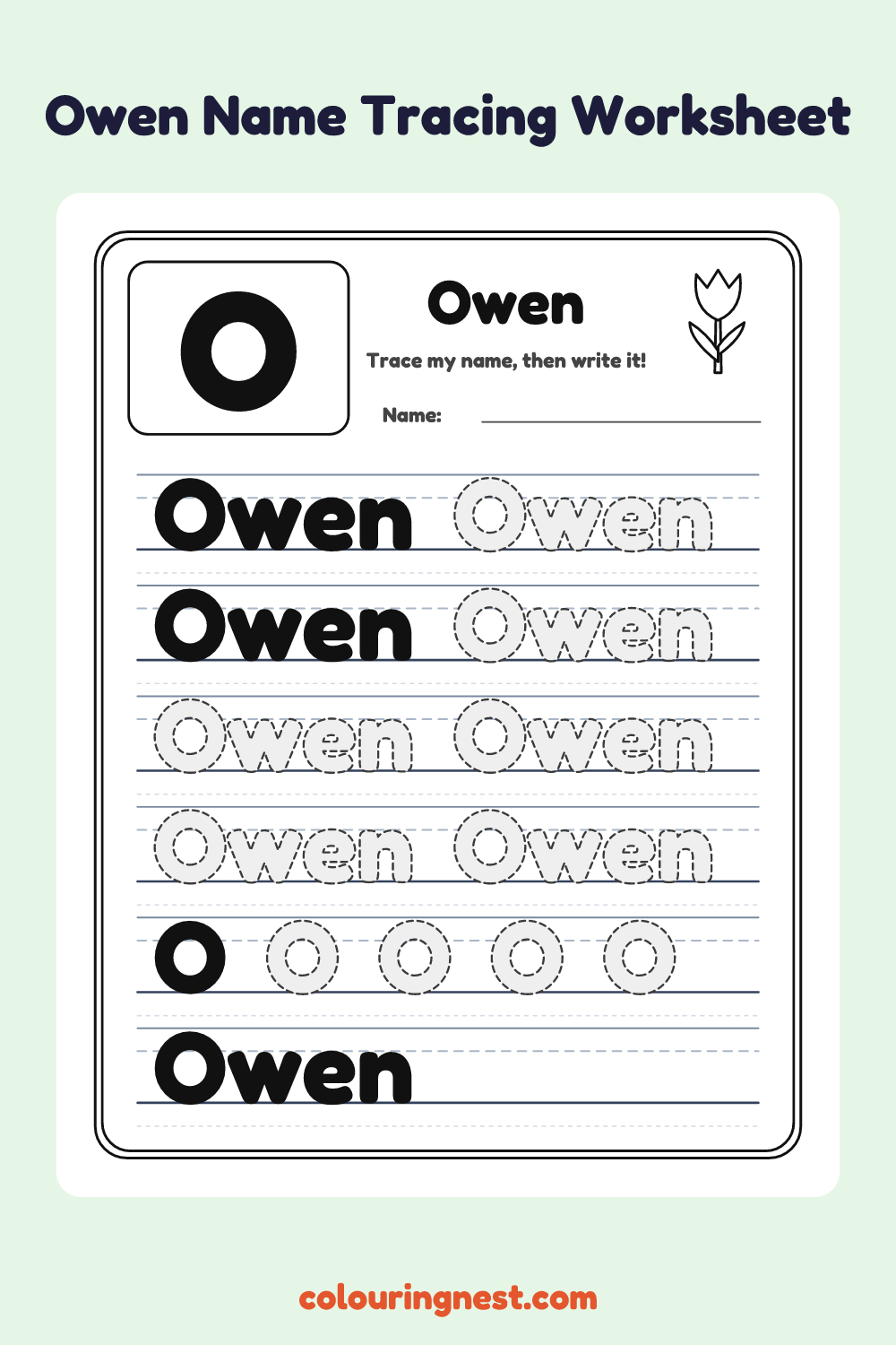 Owen Name Tracing Worksheet: free printable black-and-white line art