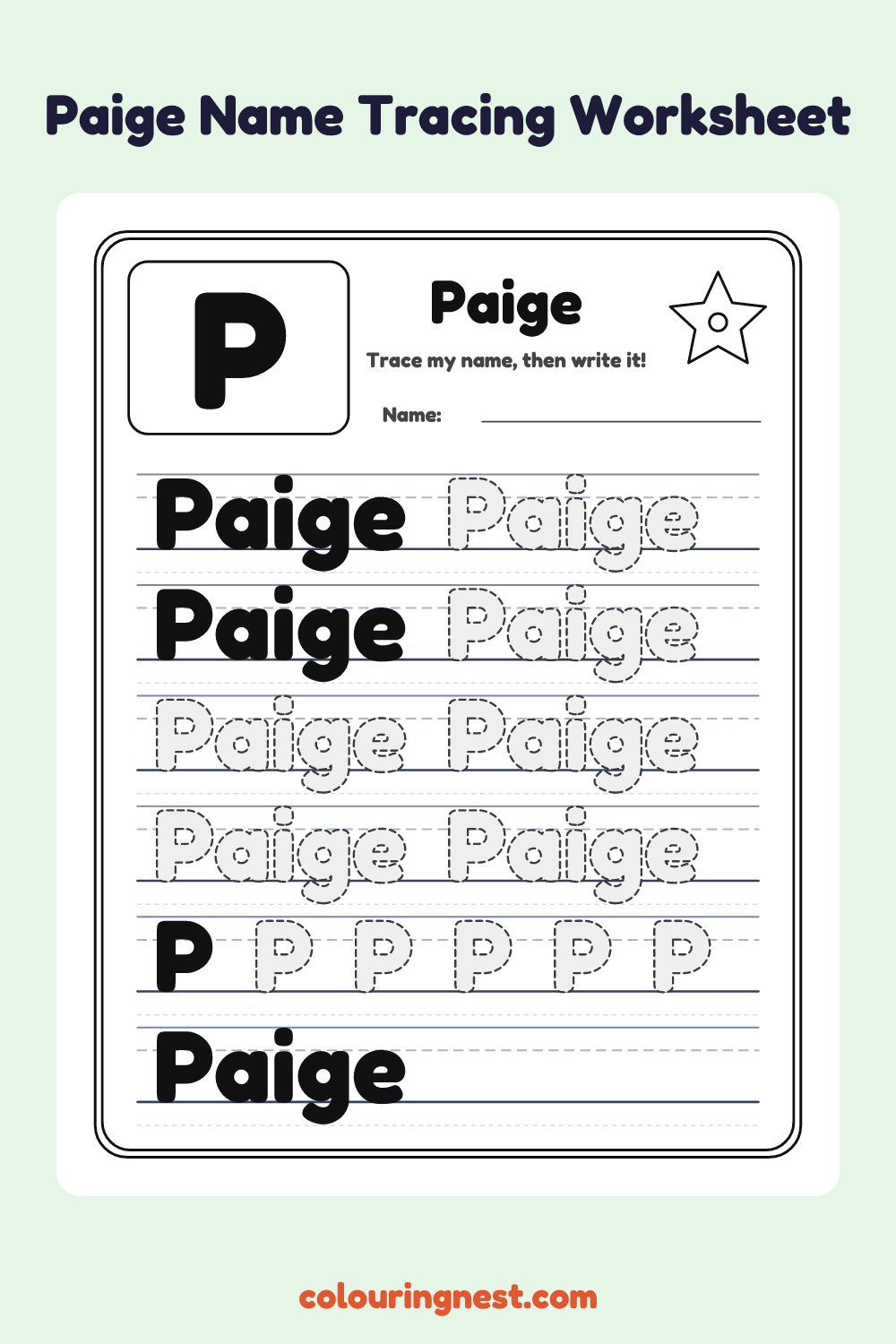 Paige Name Tracing Worksheet: free printable black-and-white line art