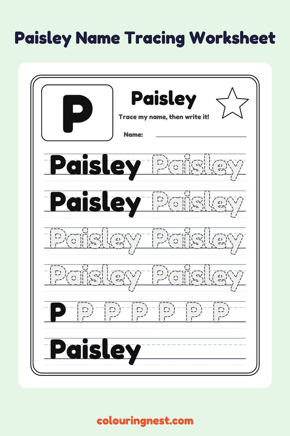 Paisley Name Tracing Worksheet: free printable black-and-white line art
