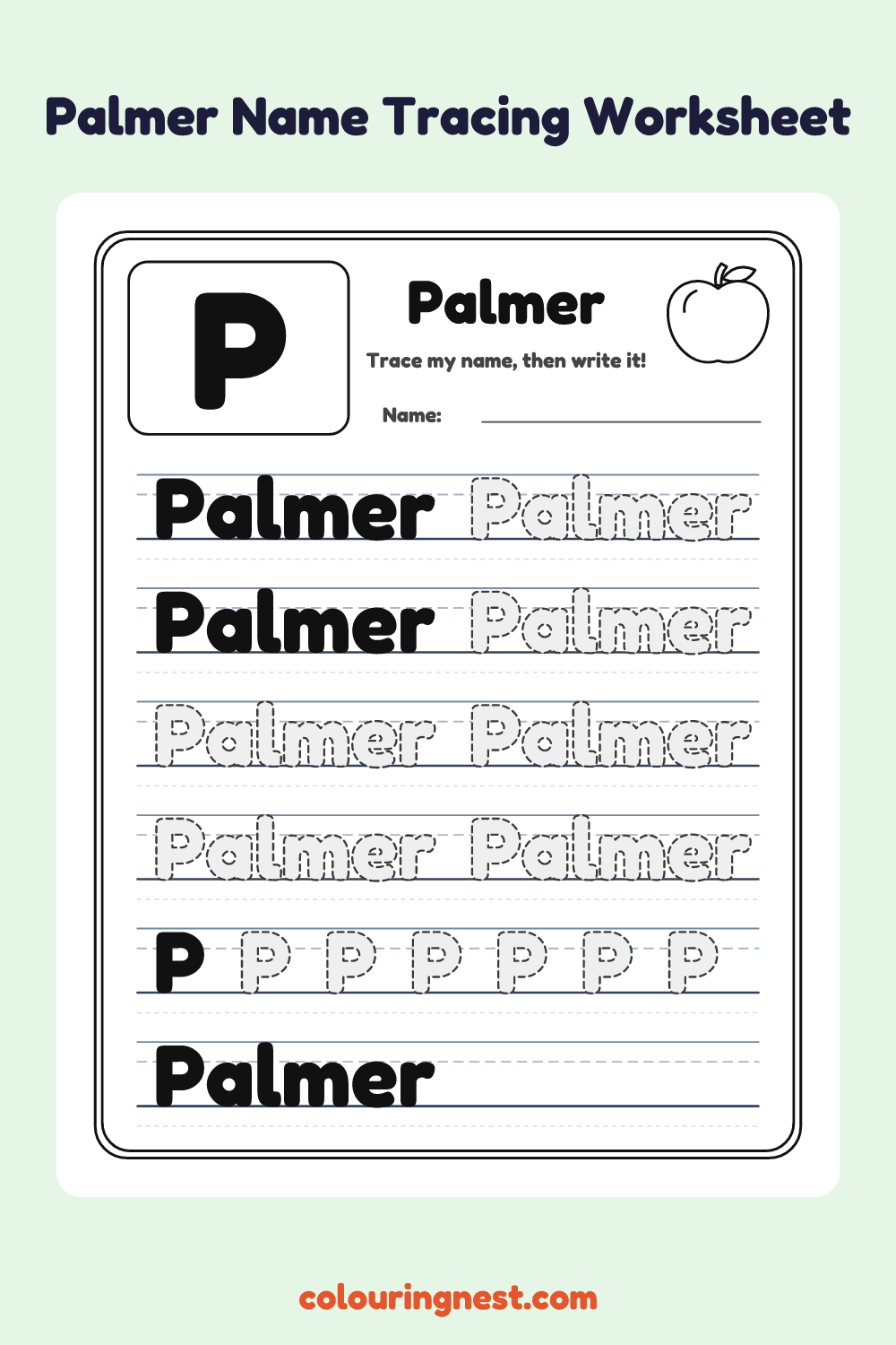 Palmer Name Tracing Worksheet: free printable black-and-white line art