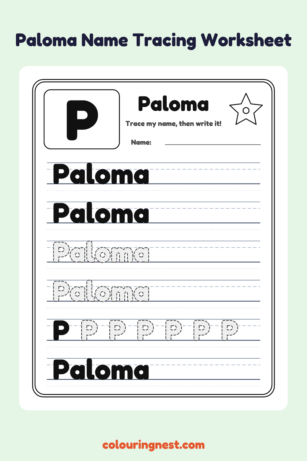 Paloma Name Tracing Worksheet: free printable black-and-white line art