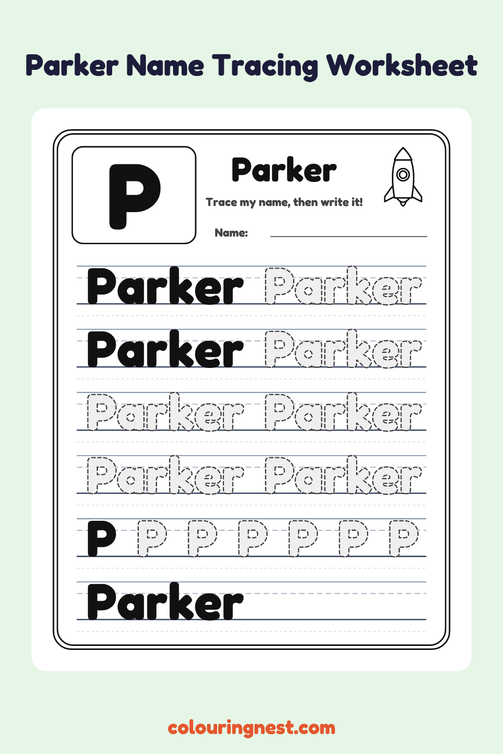 Parker Name Tracing Worksheet: free printable black-and-white line art