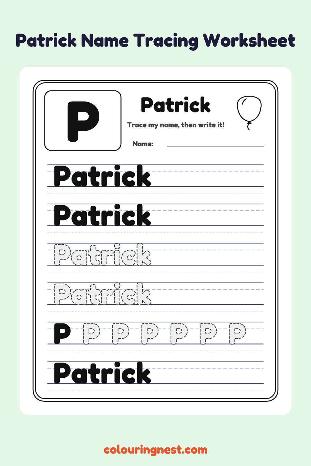 Patrick Name Tracing Worksheet: free printable black-and-white line art