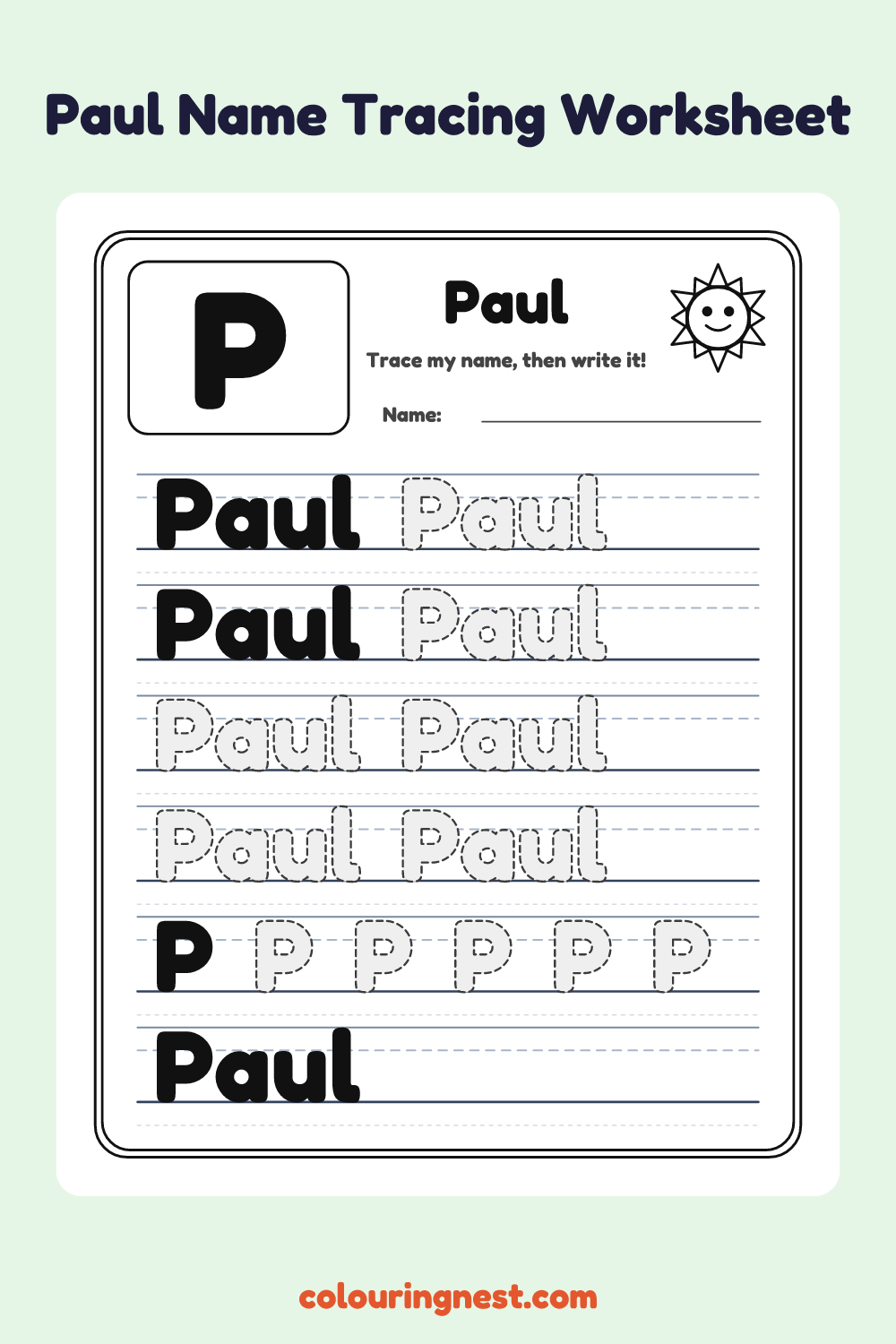 Paul Name Tracing Worksheet: free printable black-and-white line art