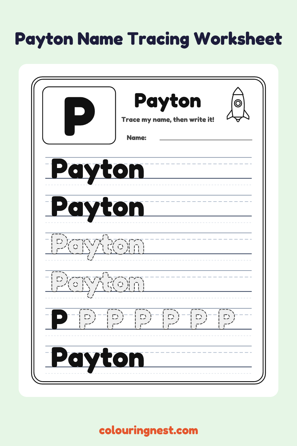 Payton Name Tracing Worksheet: free printable black-and-white line art