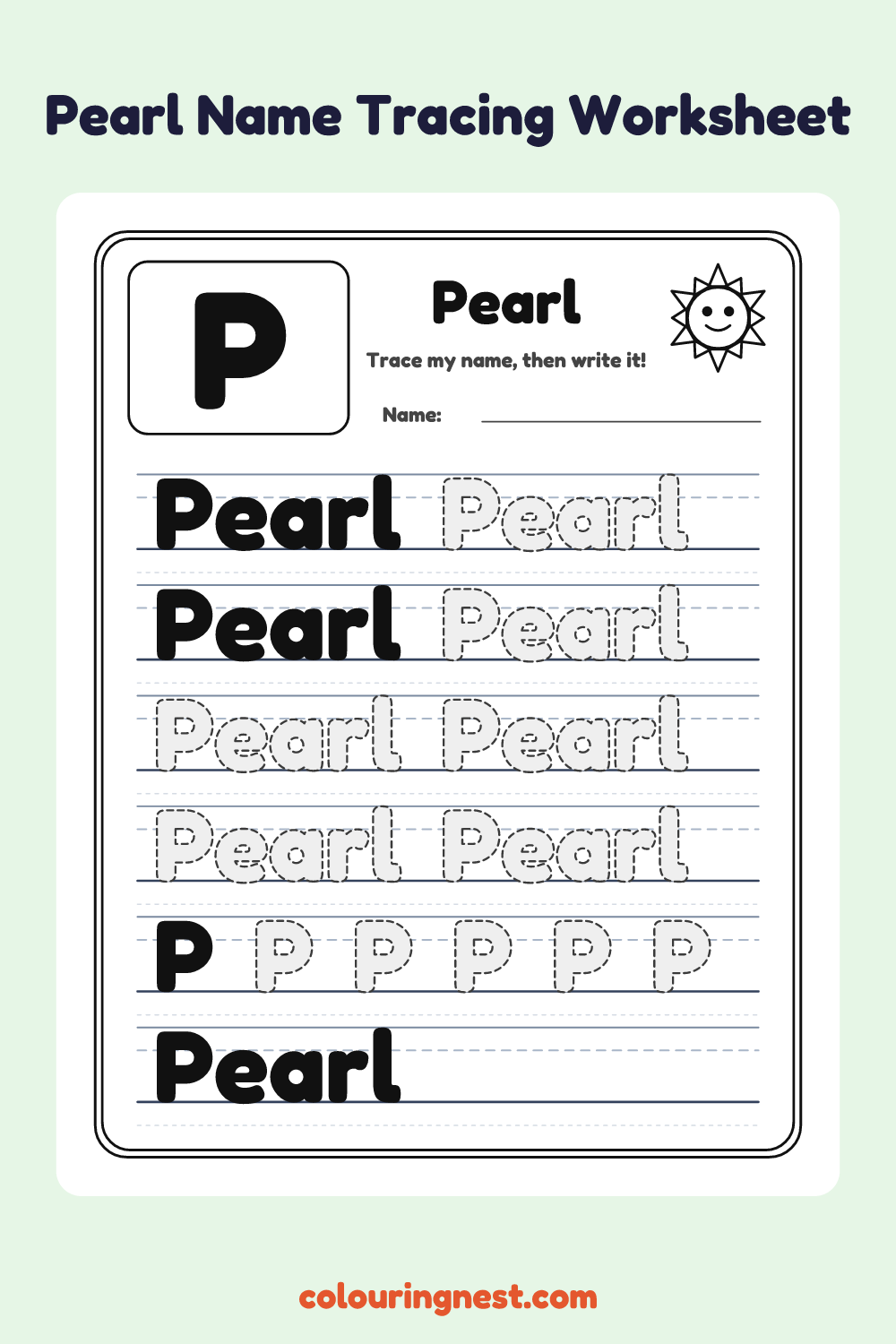 Pearl Name Tracing Worksheet: free printable black-and-white line art
