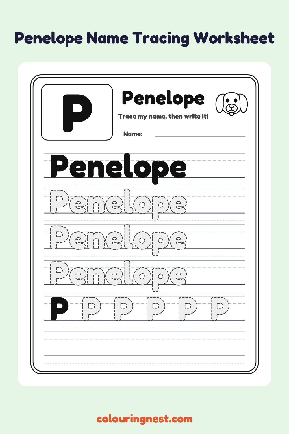 Penelope Name Tracing Worksheet: free printable black-and-white line art