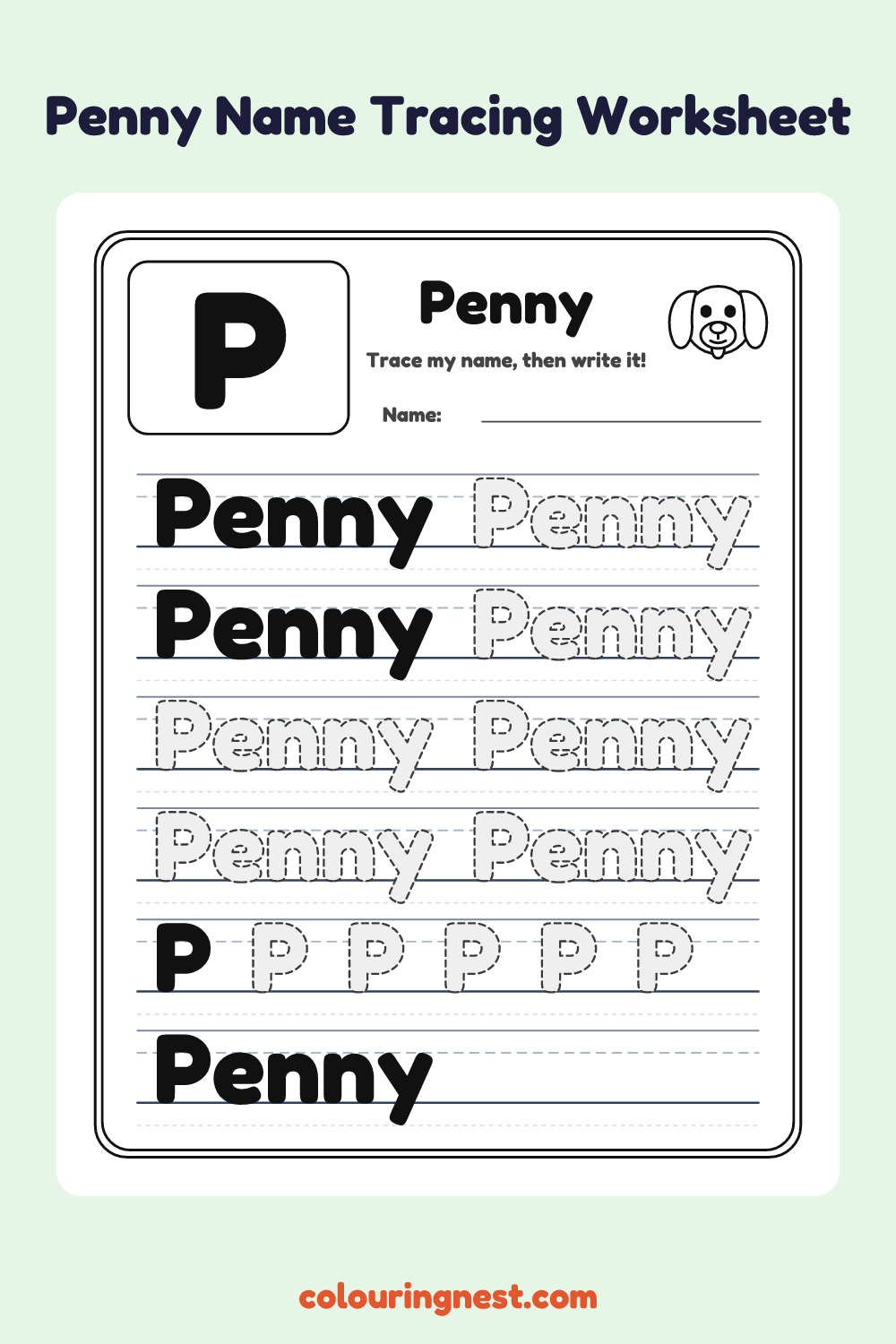 Penny Name Tracing Worksheet: free printable black-and-white line art