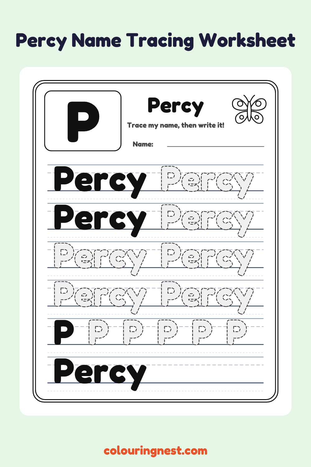 Percy Name Tracing Worksheet: free printable black-and-white line art