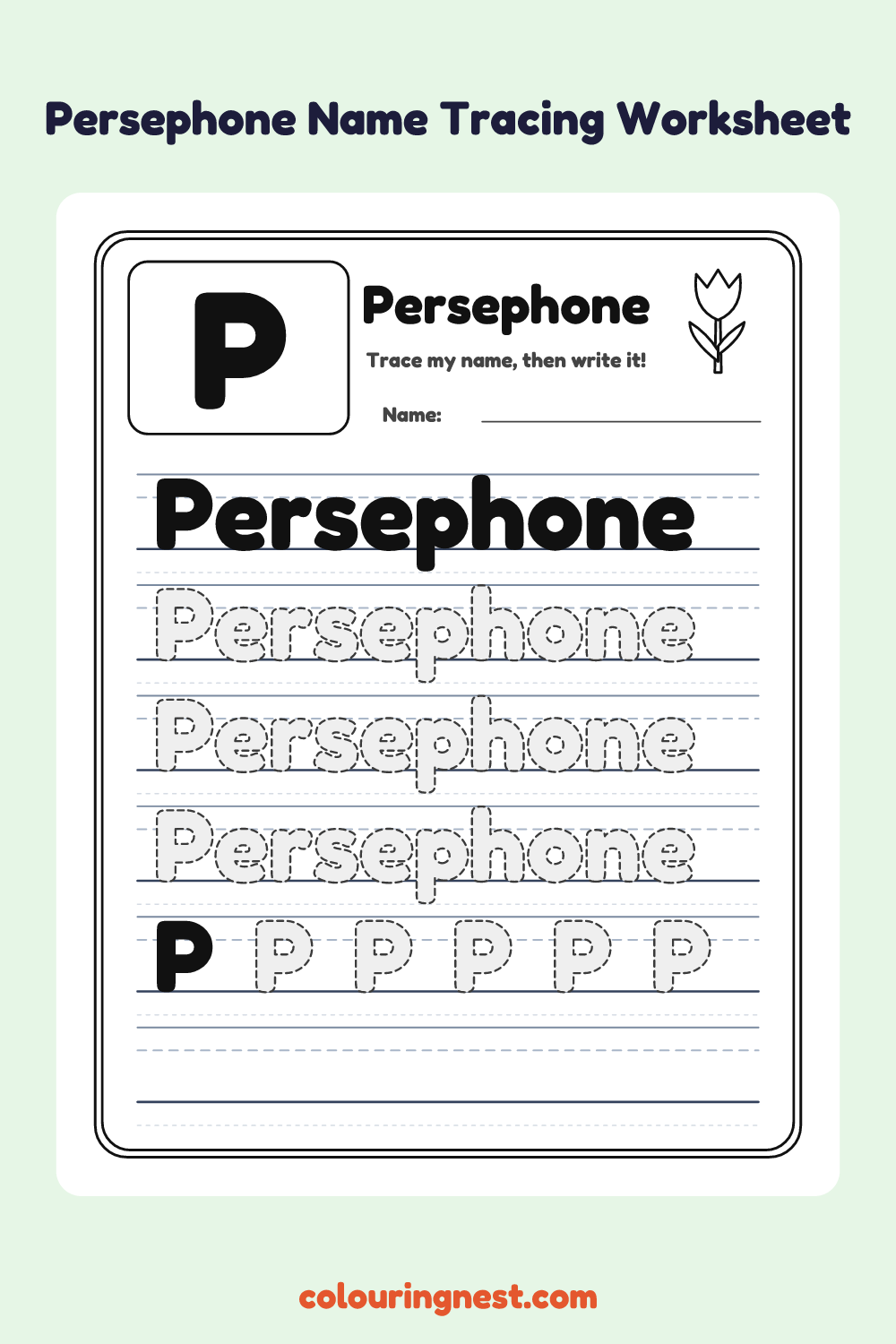 Persephone Name Tracing Worksheet: free printable black-and-white line art