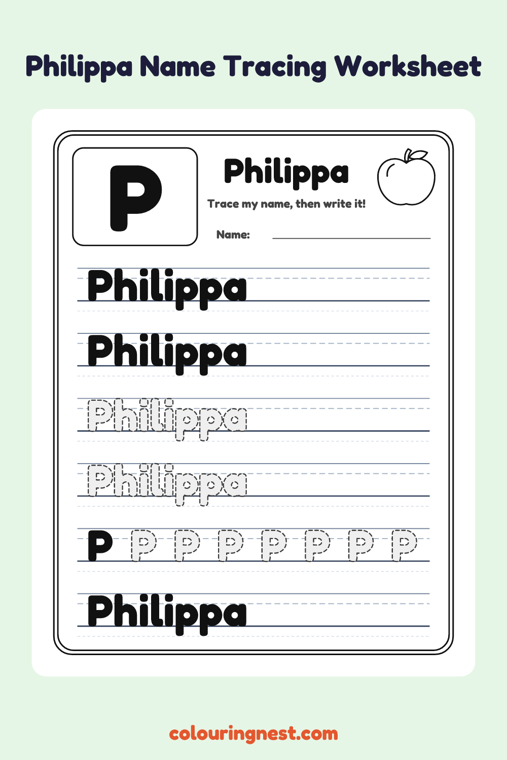 Philippa Name Tracing Worksheet: free printable black-and-white line art
