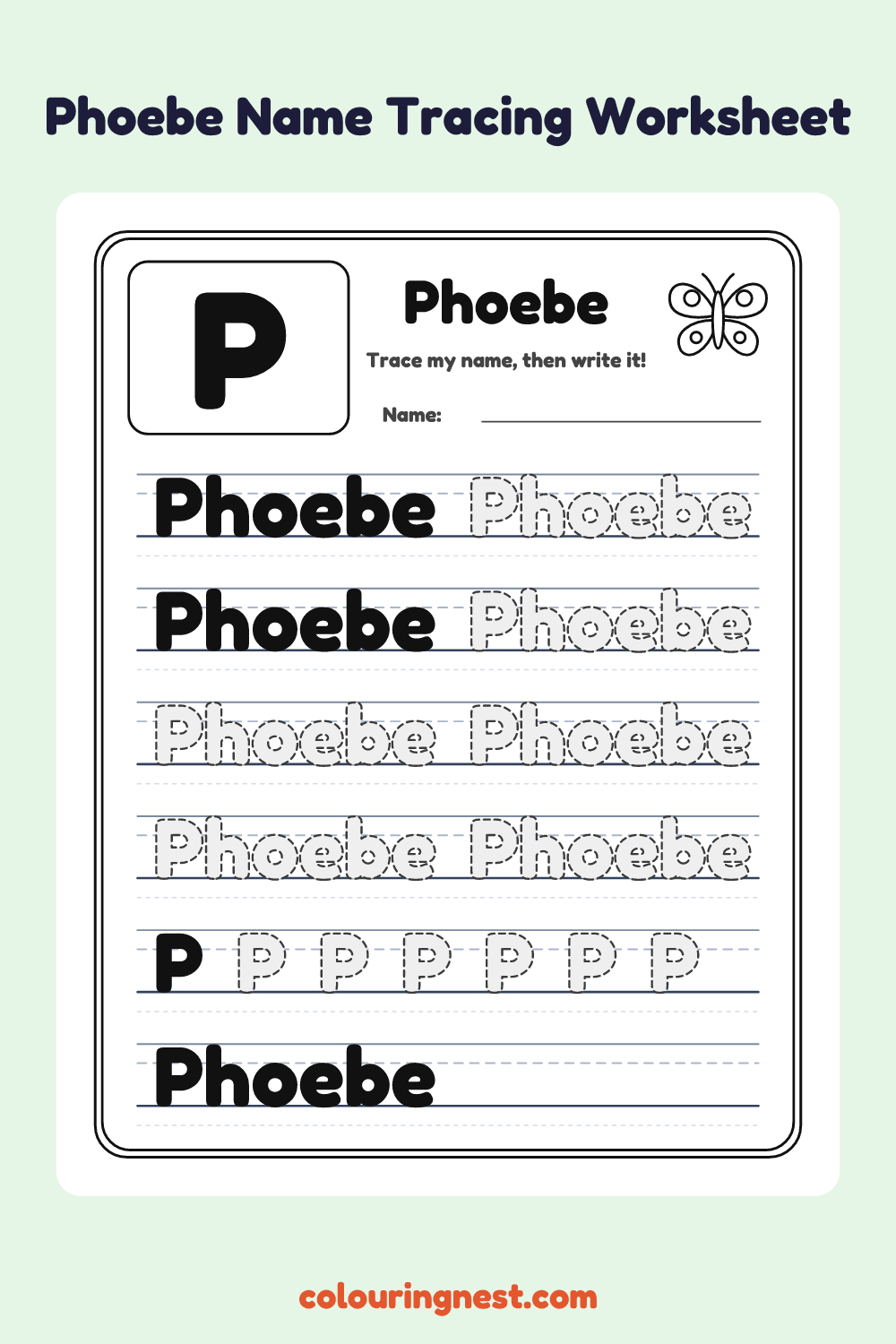 Phoebe Name Tracing Worksheet: free printable black-and-white line art