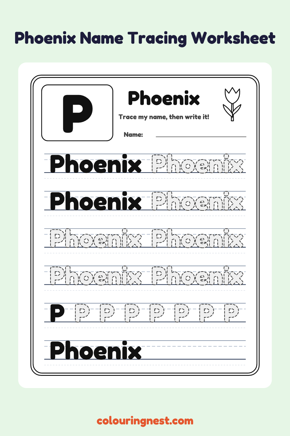 Phoenix Name Tracing Worksheet: free printable black-and-white line art