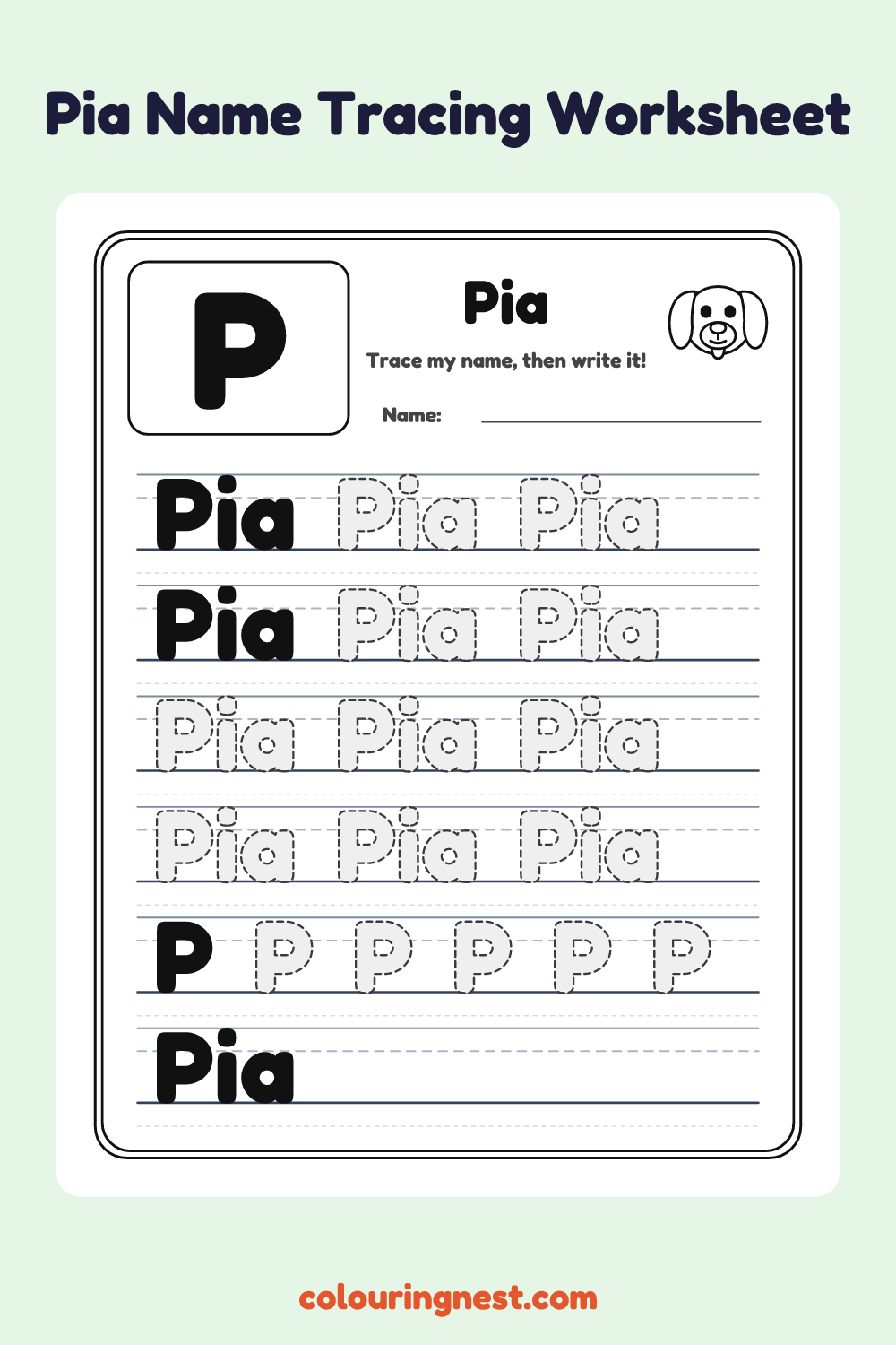 Pia Name Tracing Worksheet: free printable black-and-white line art