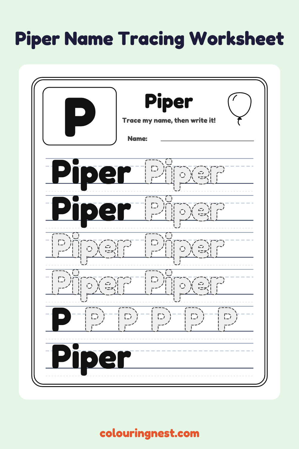 Piper Name Tracing Worksheet: free printable black-and-white line art