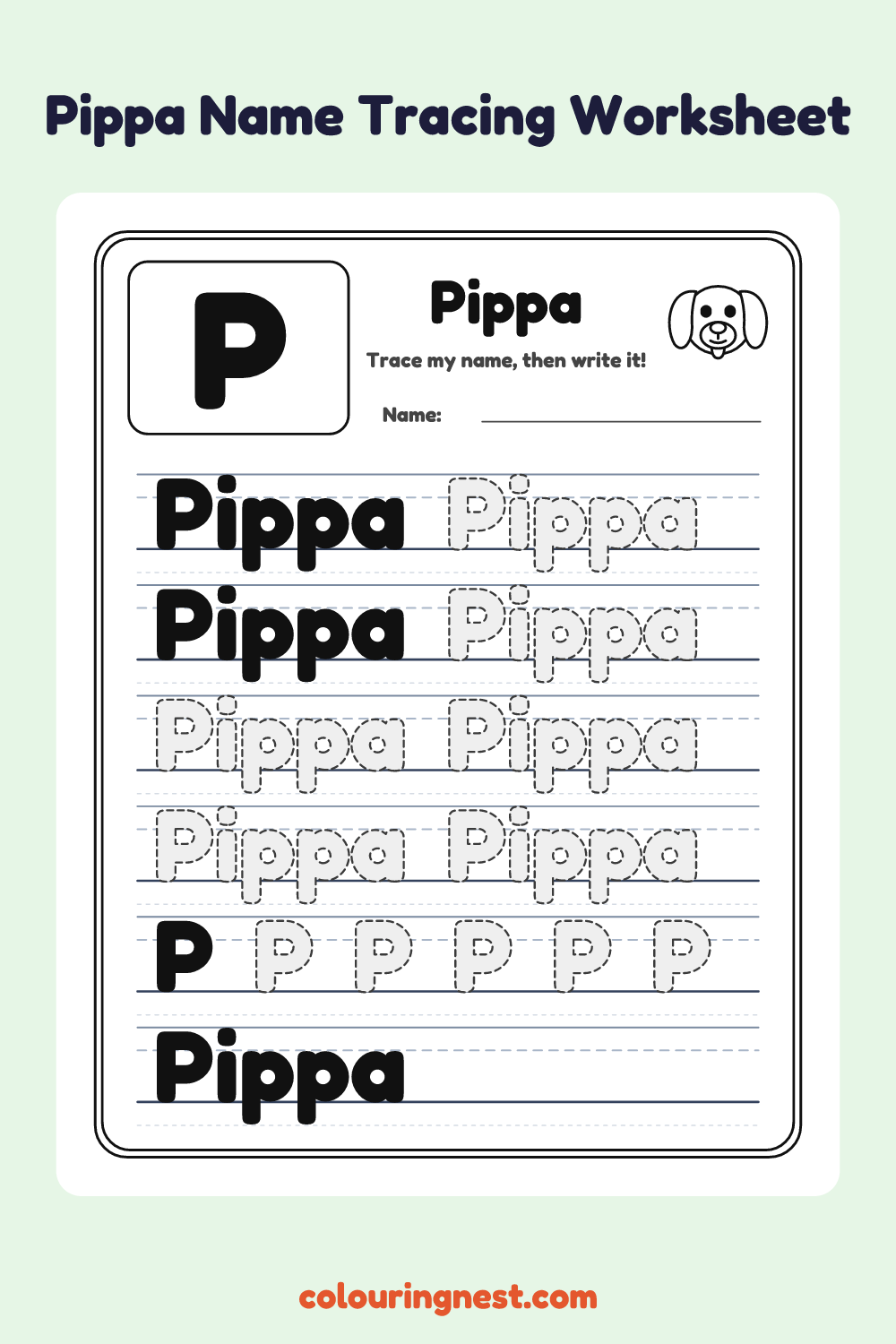 Pippa Name Tracing Worksheet: free printable black-and-white line art