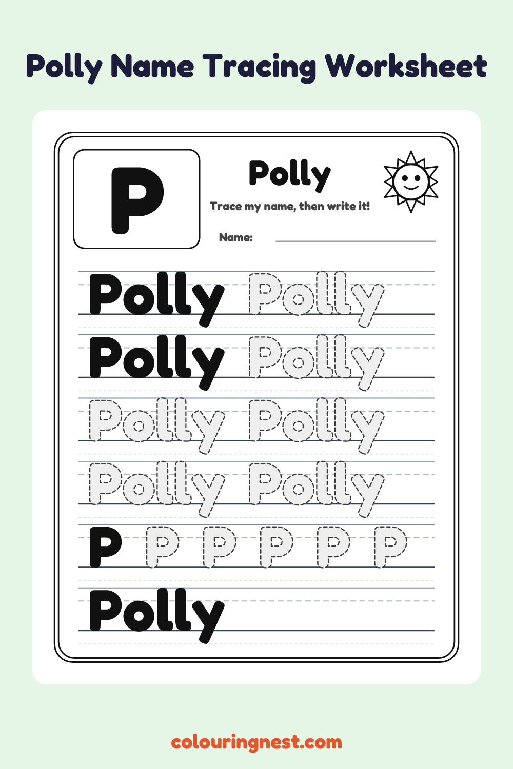 Polly Name Tracing Worksheet: free printable black-and-white line art