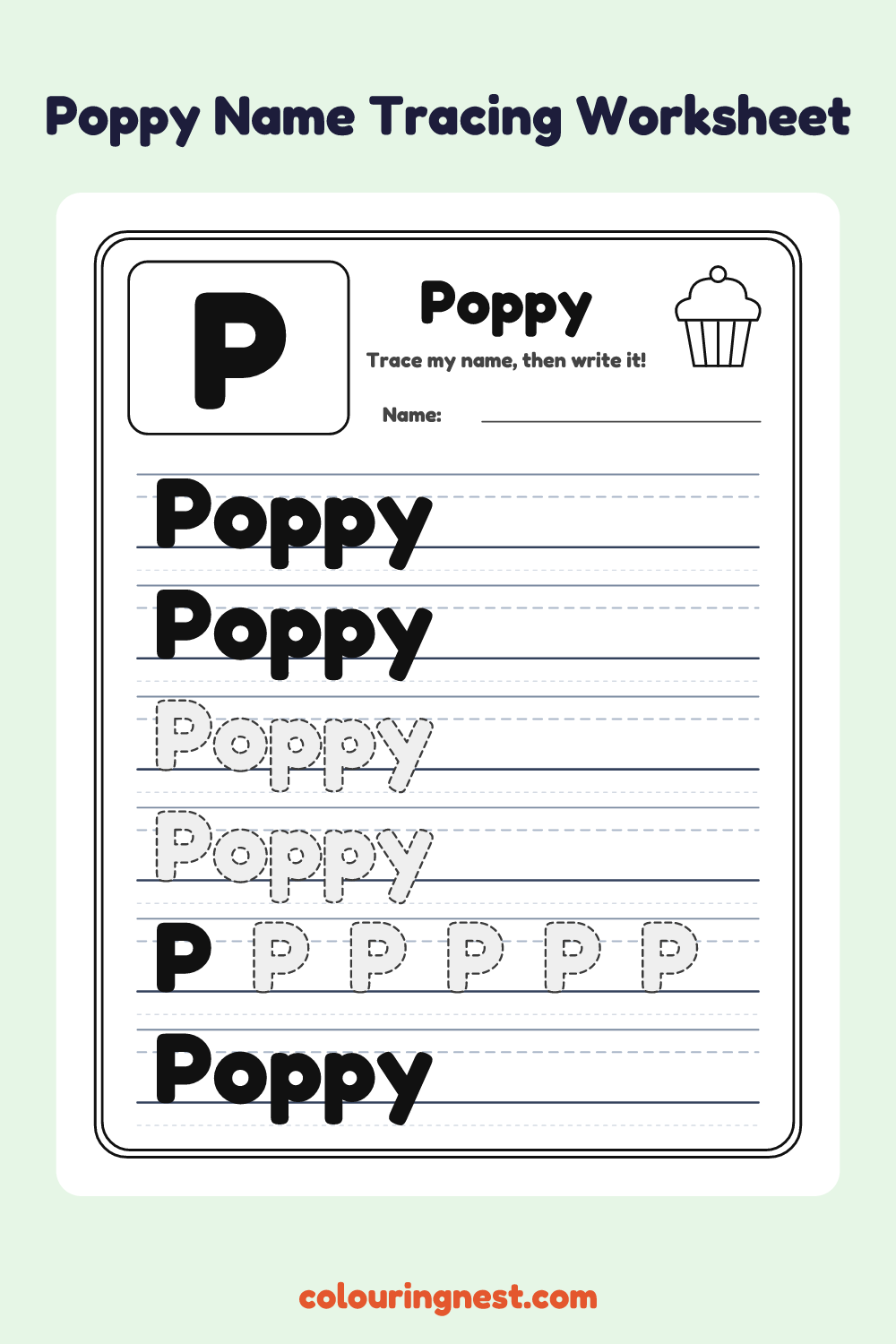 Poppy Name Tracing Worksheet: free printable black-and-white line art