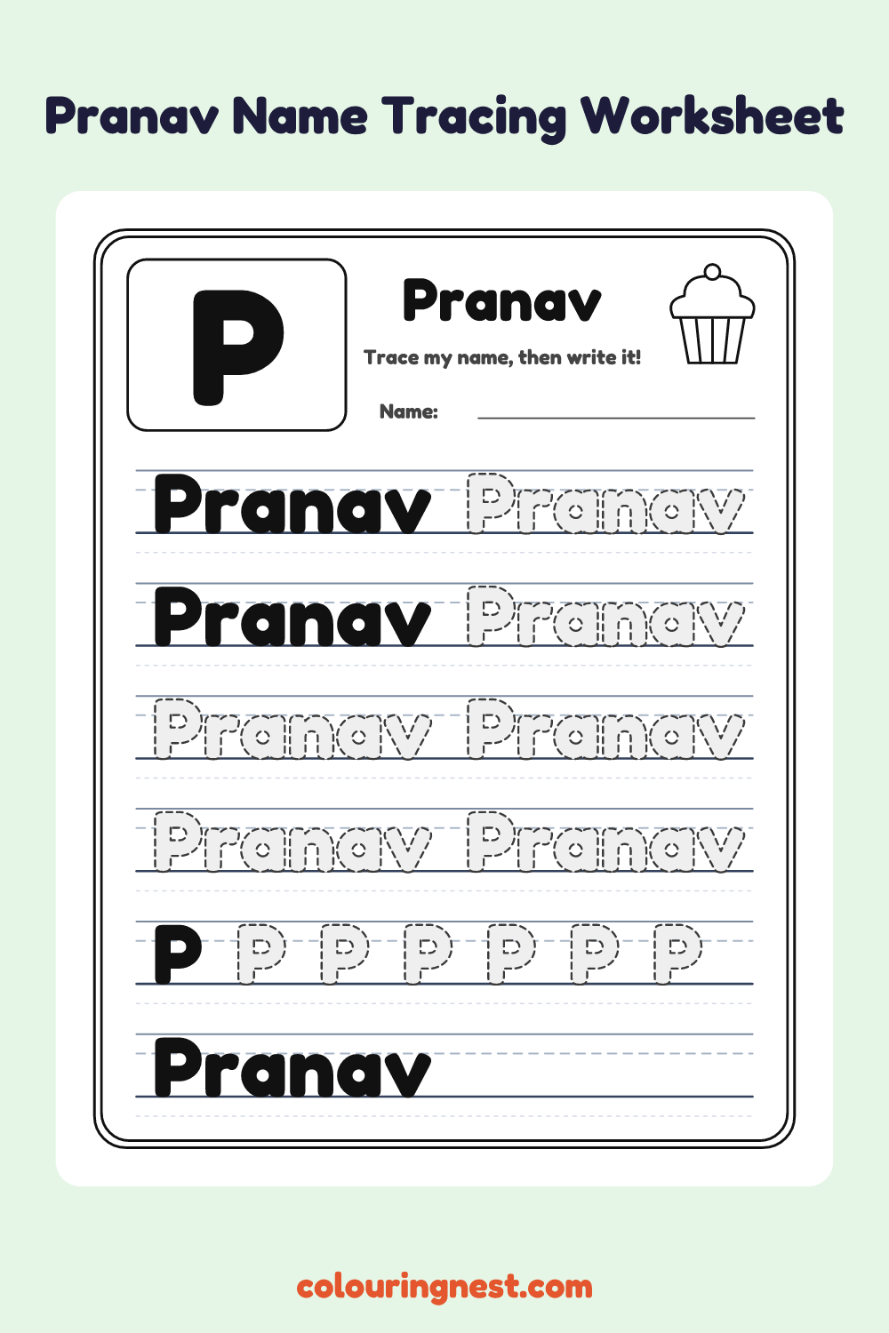 Pranav Name Tracing Worksheet: free printable black-and-white line art