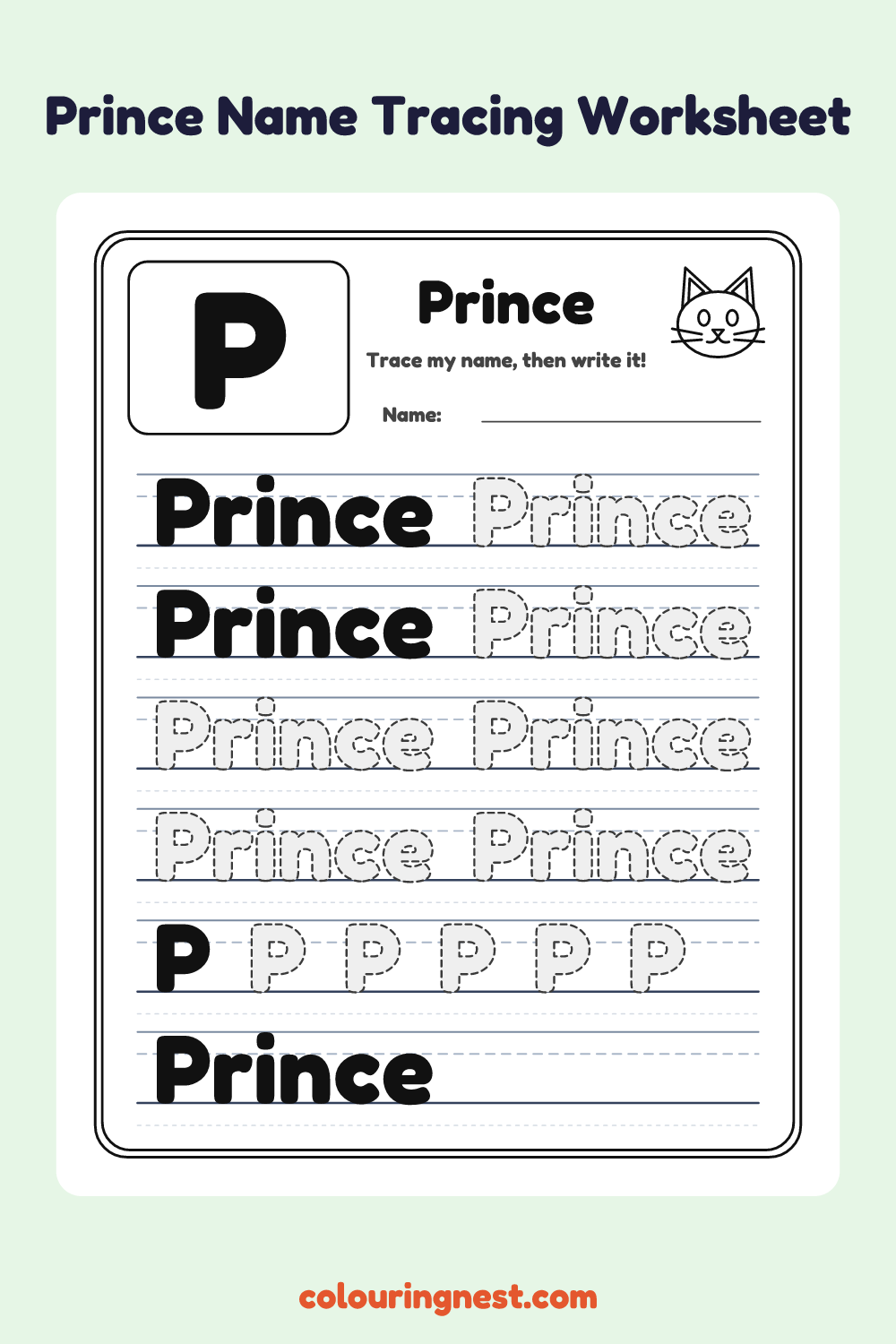 Prince Name Tracing Worksheet: free printable black-and-white line art