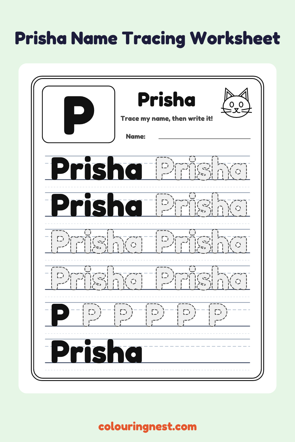 Prisha Name Tracing Worksheet: free printable black-and-white line art