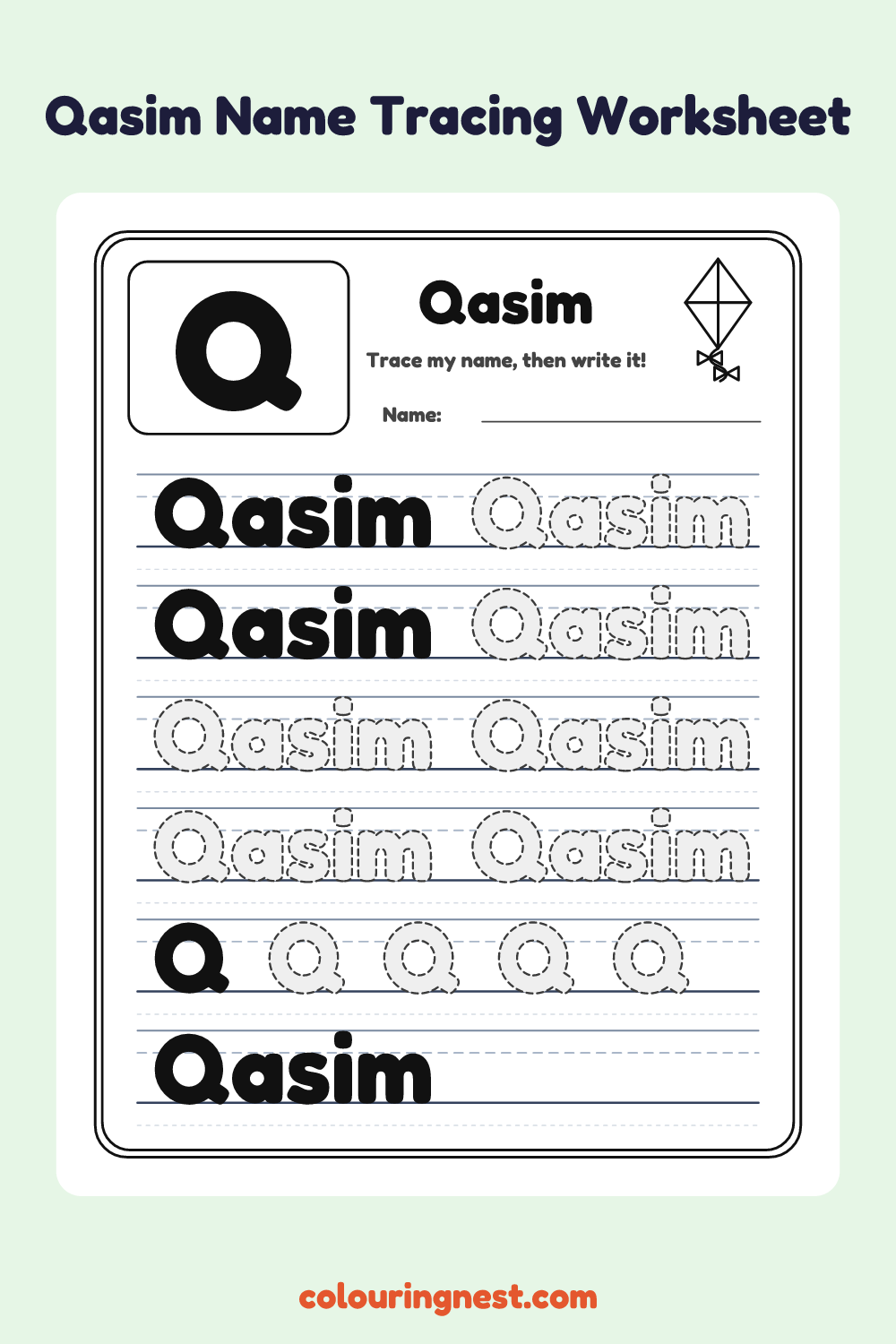 Qasim Name Tracing Worksheet: free printable black-and-white line art