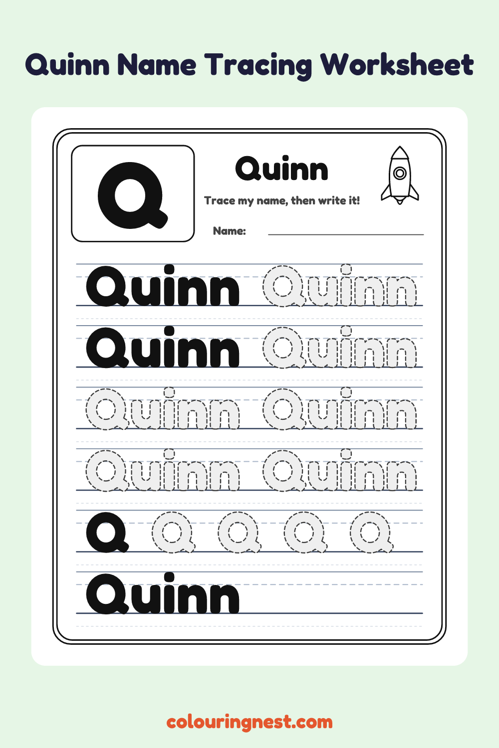 Quinn Name Tracing Worksheet: free printable black-and-white line art