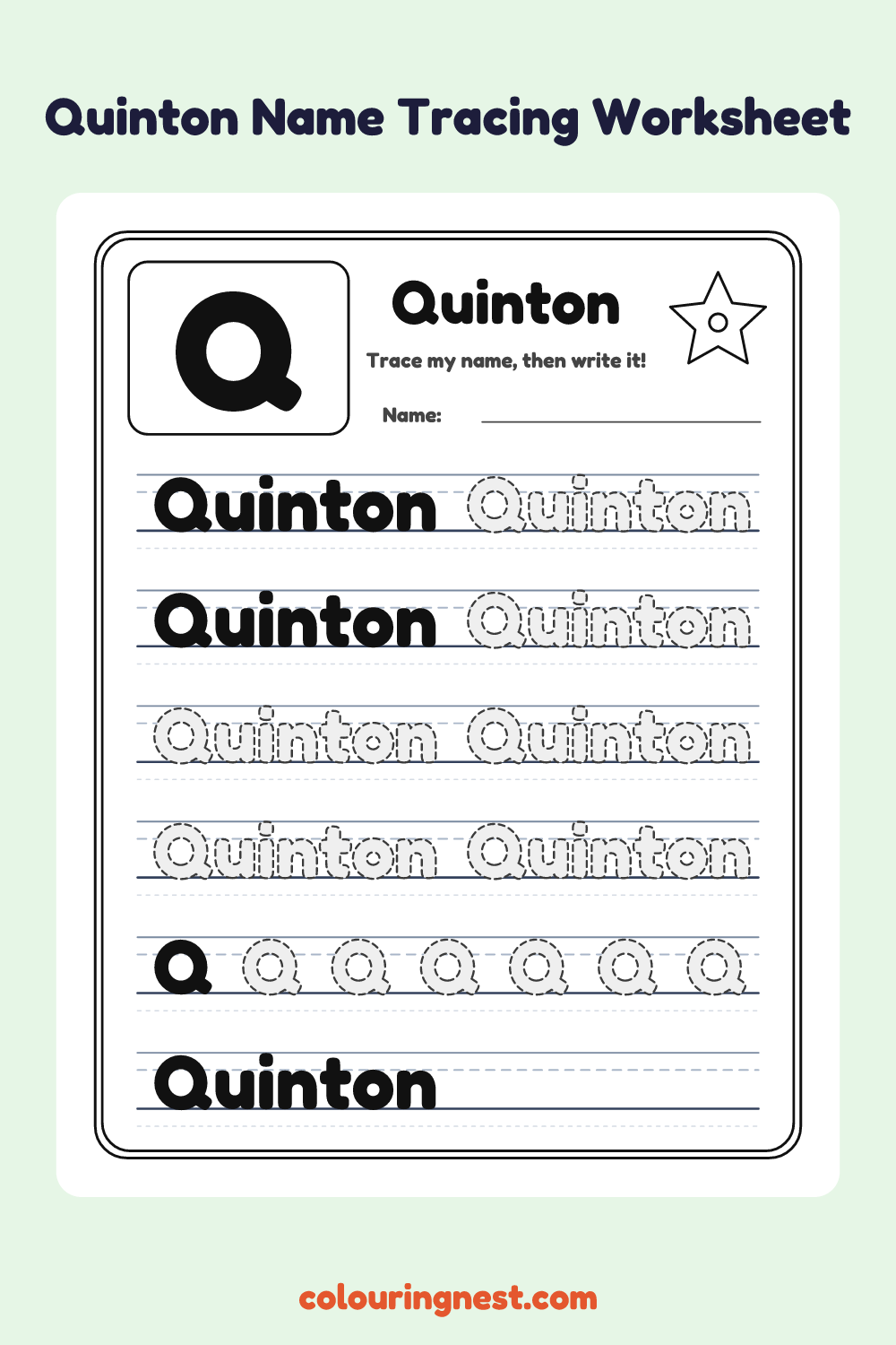 Quinton Name Tracing Worksheet: free printable black-and-white line art