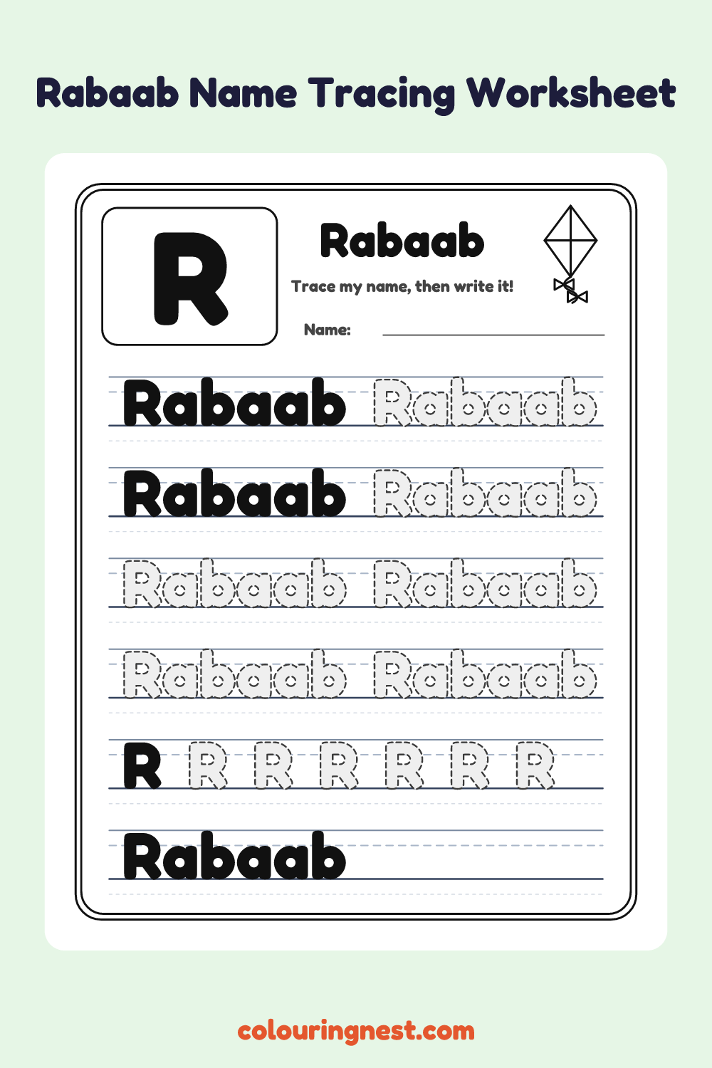 Rabaab Name Tracing Worksheet: free printable black-and-white line art