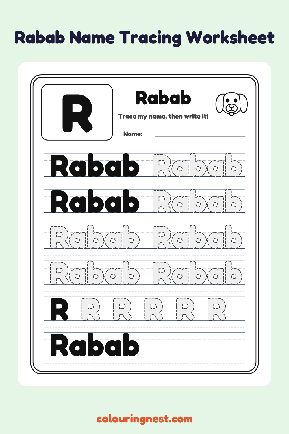 Rabab Name Tracing Worksheet: free printable black-and-white line art