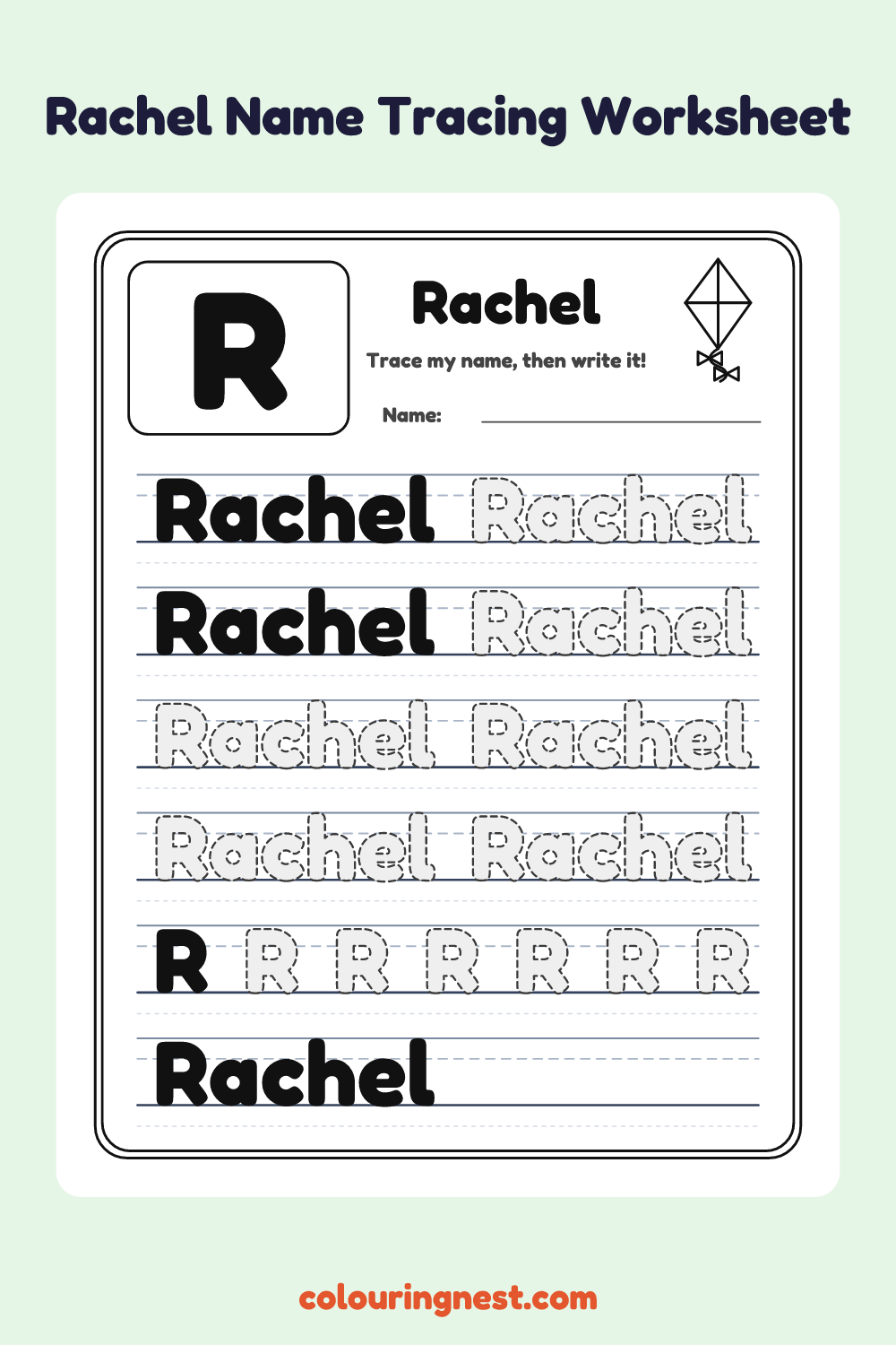 Rachel Name Tracing Worksheet: free printable black-and-white line art
