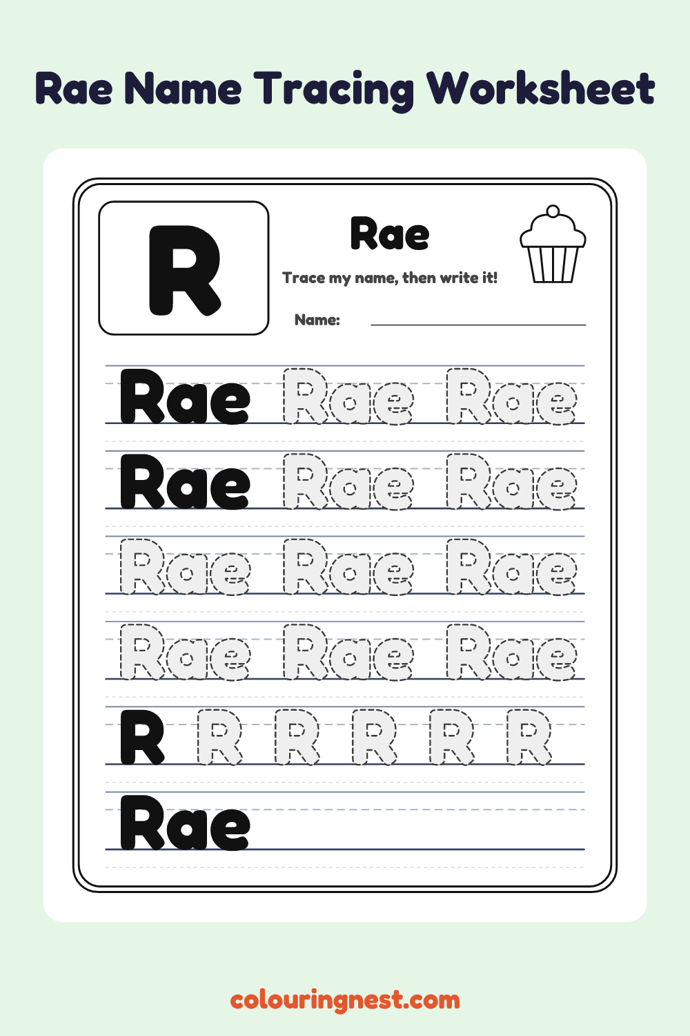 Rae Name Tracing Worksheet: free printable black-and-white line art