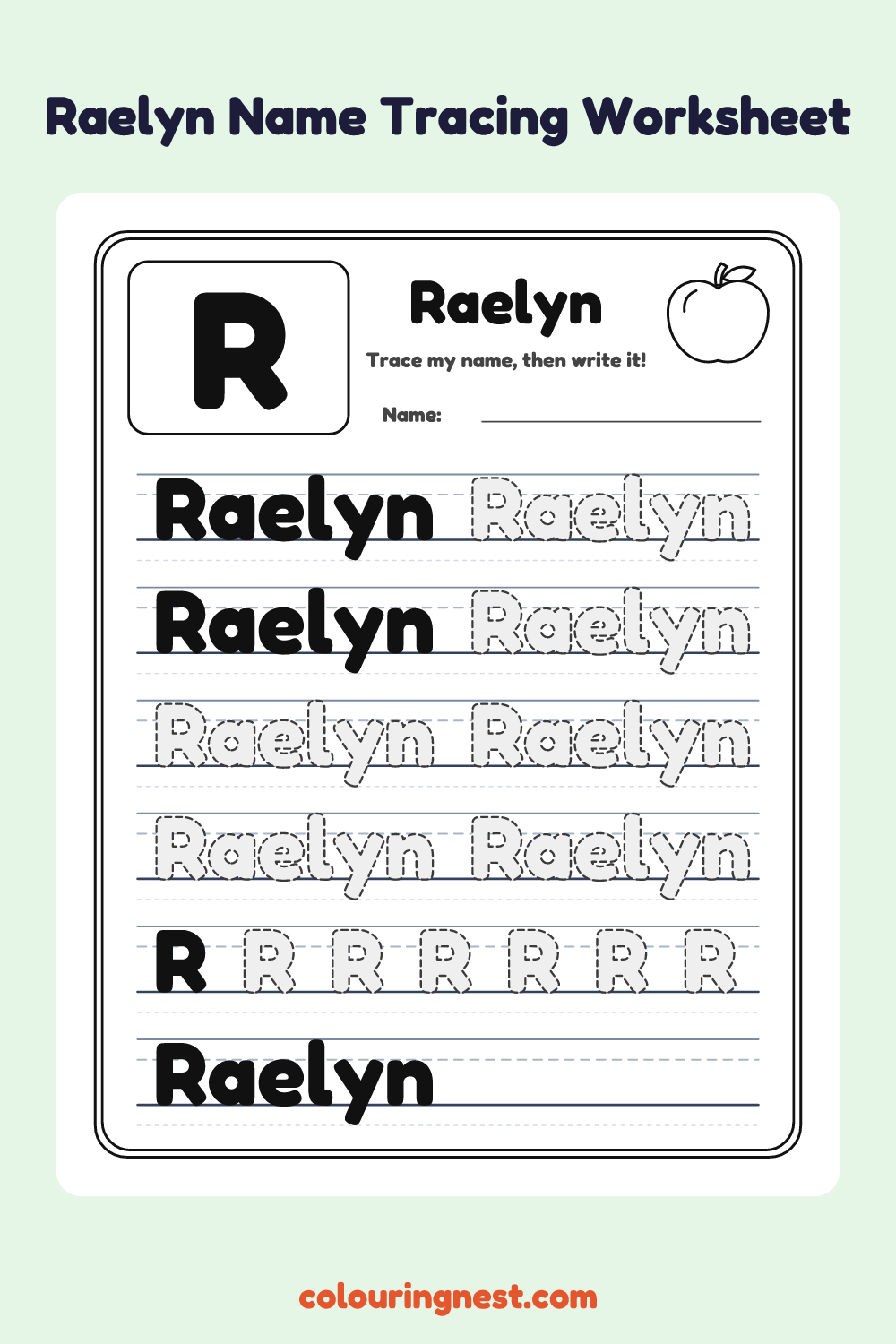 Raelyn Name Tracing Worksheet: free printable black-and-white line art