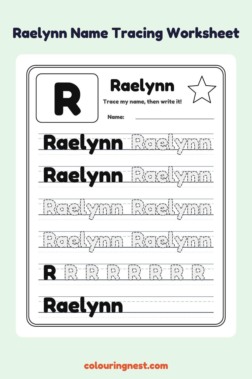 Raelynn Name Tracing Worksheet: free printable black-and-white line art