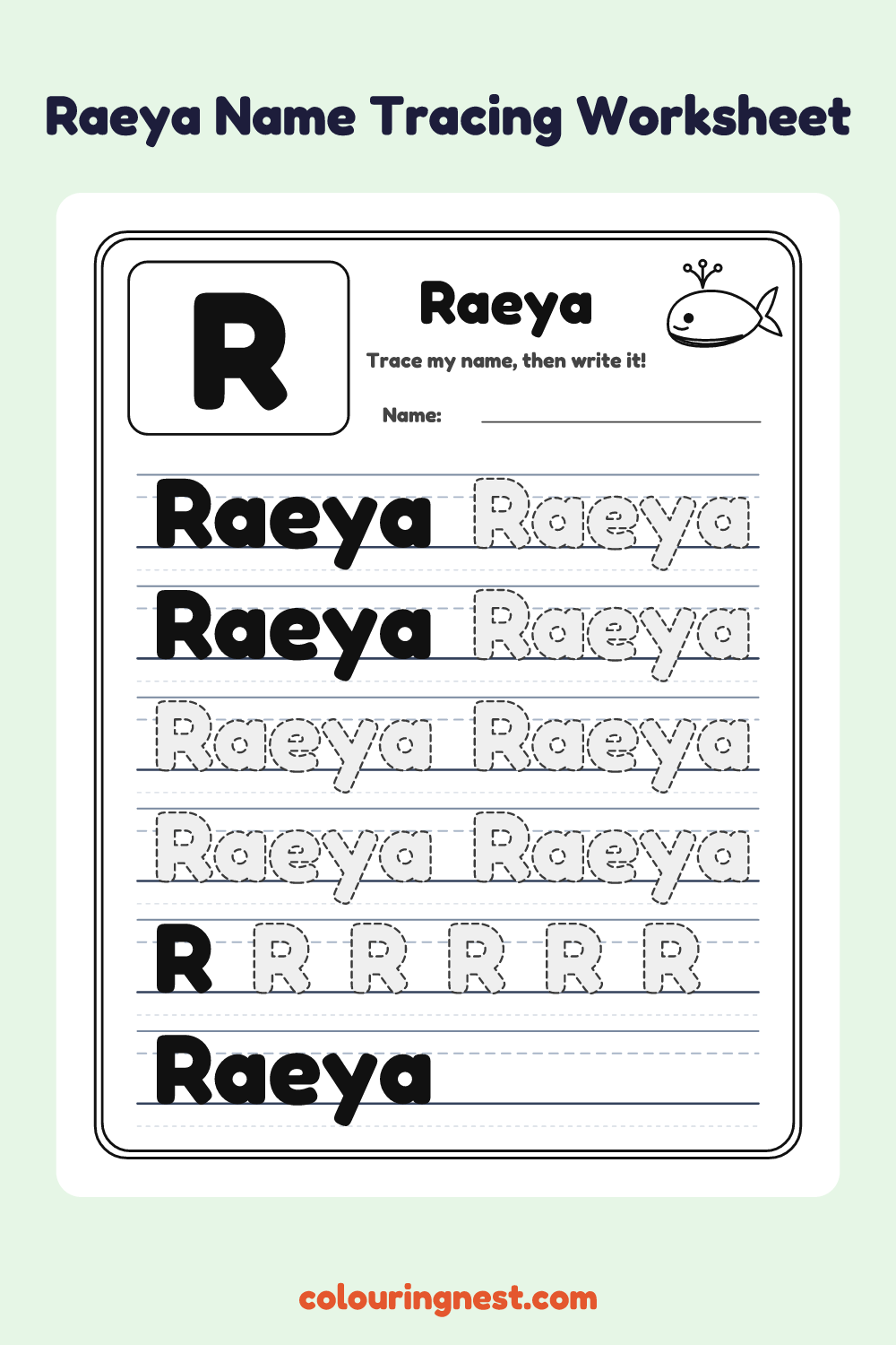 Raeya Name Tracing Worksheet: free printable black-and-white line art