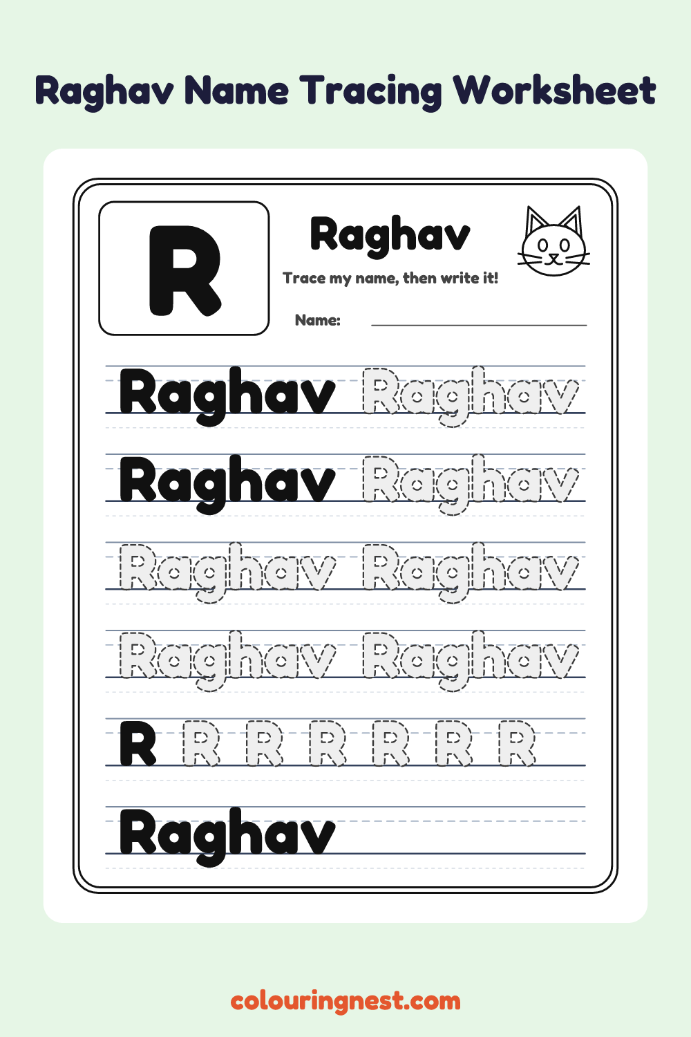 Raghav Name Tracing Worksheet: free printable black-and-white line art