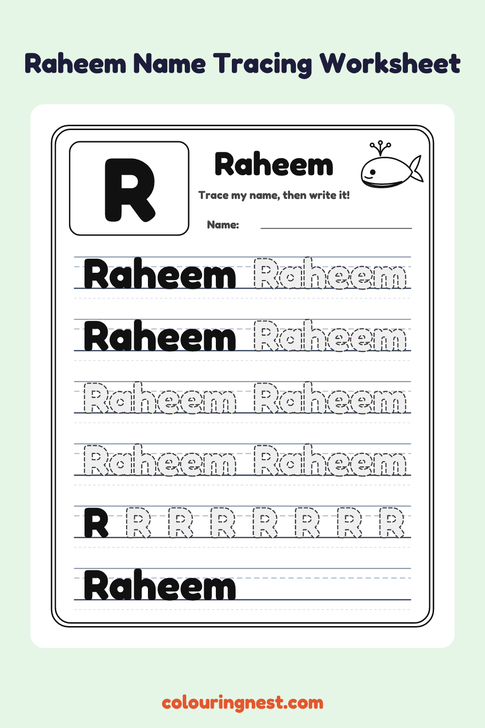 Raheem Name Tracing Worksheet: free printable black-and-white line art
