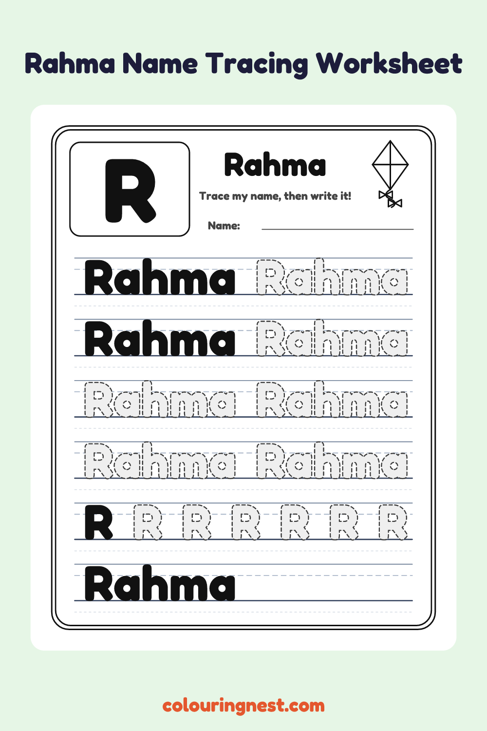 Rahma Name Tracing Worksheet: free printable black-and-white line art