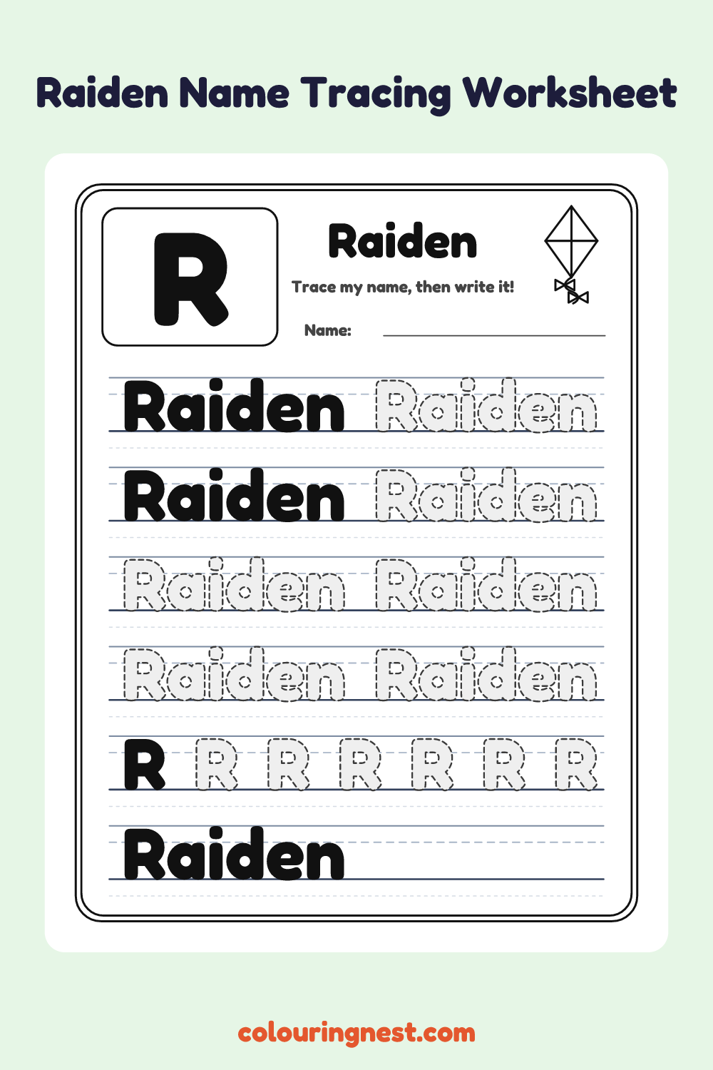 Raiden Name Tracing Worksheet: free printable black-and-white line art