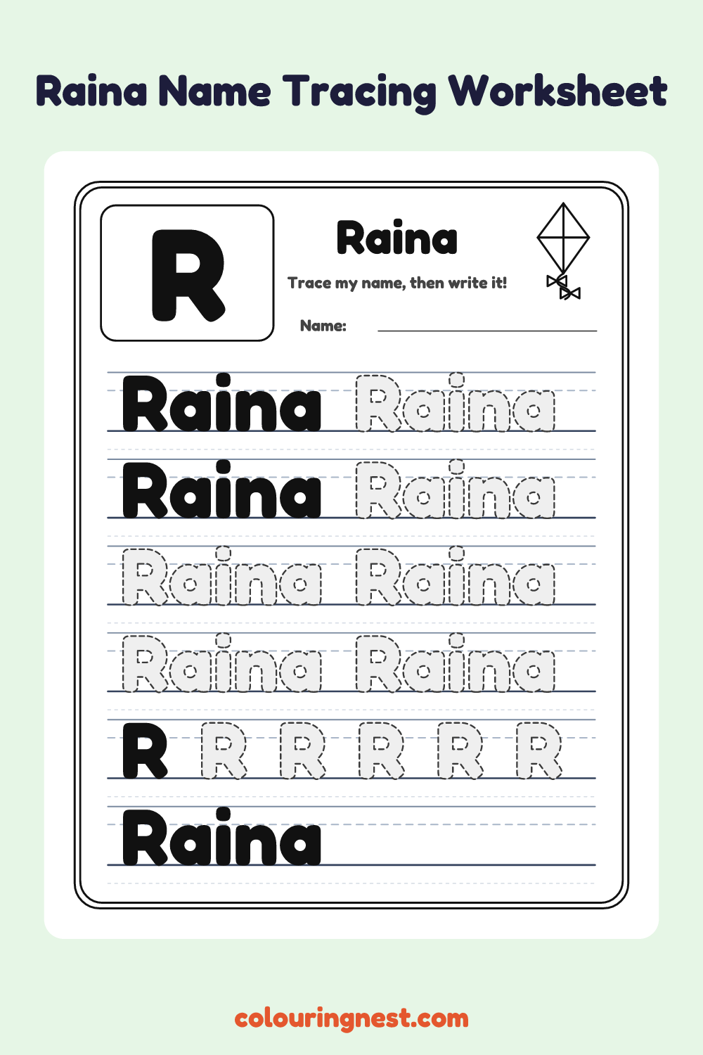 Raina Name Tracing Worksheet: free printable black-and-white line art