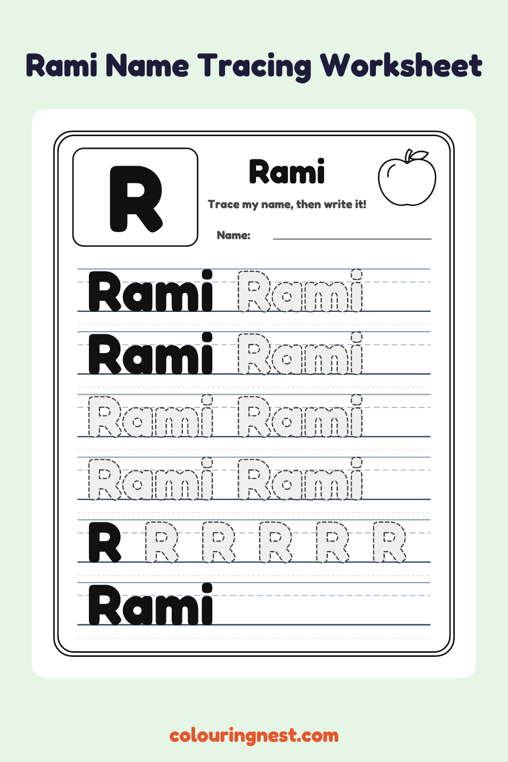 Rami Name Tracing Worksheet: free printable black-and-white line art
