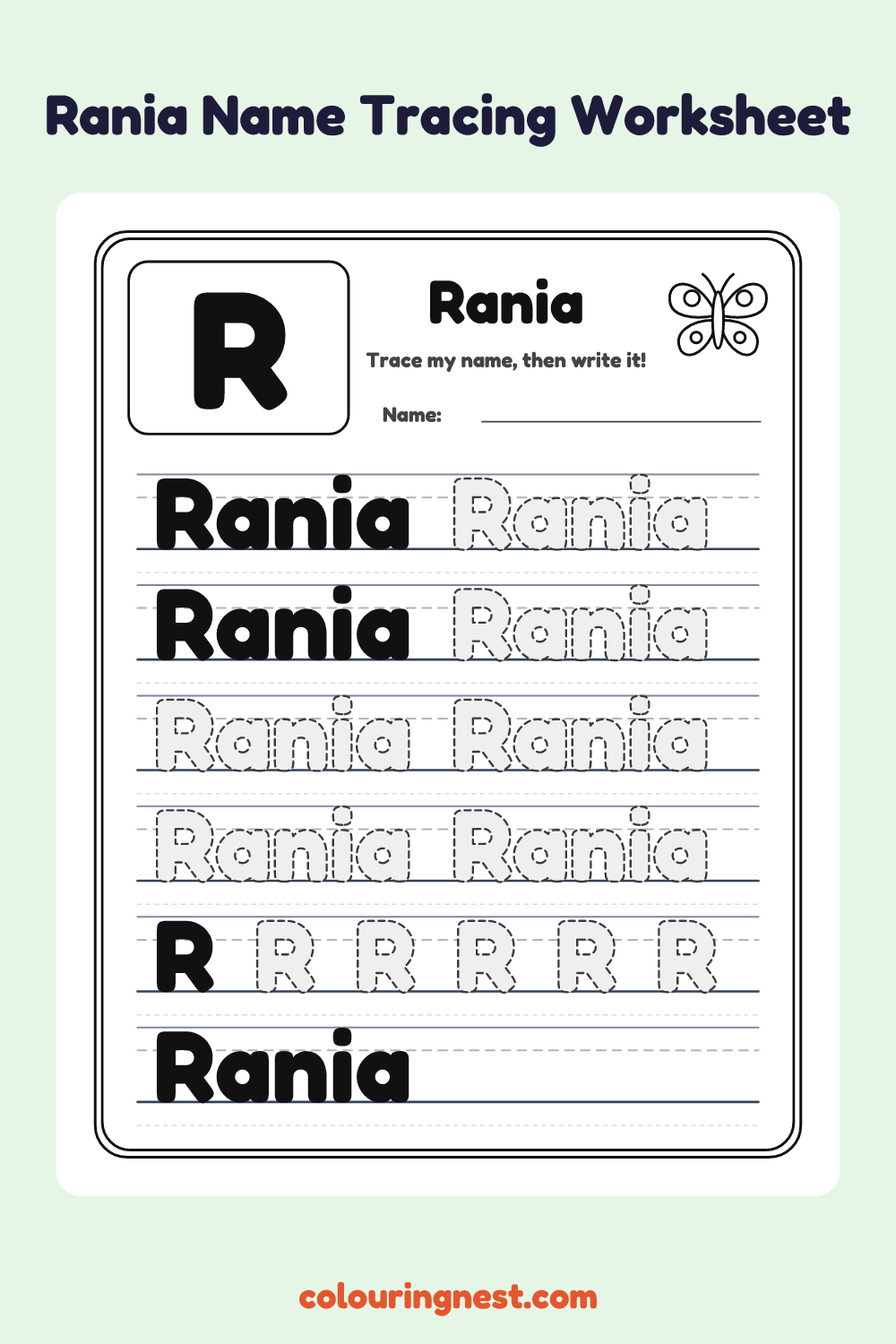 Rania Name Tracing Worksheet: free printable black-and-white line art