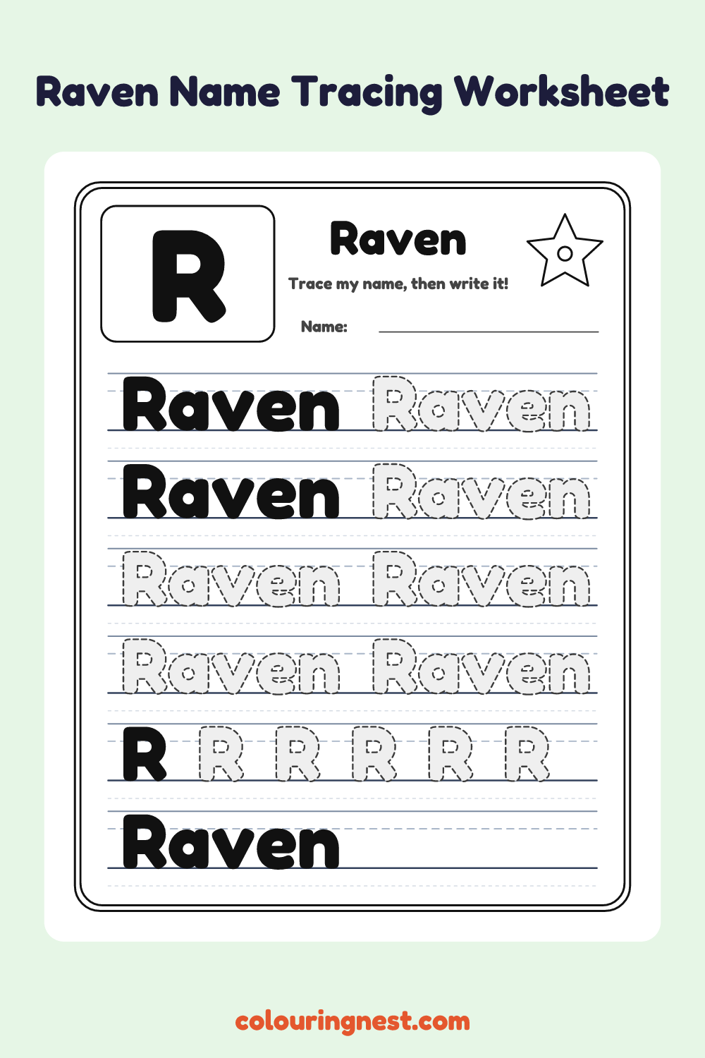 Raven Name Tracing Worksheet: free printable black-and-white line art