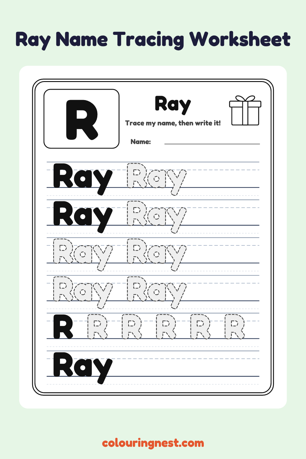 Ray Name Tracing Worksheet: free printable black-and-white line art
