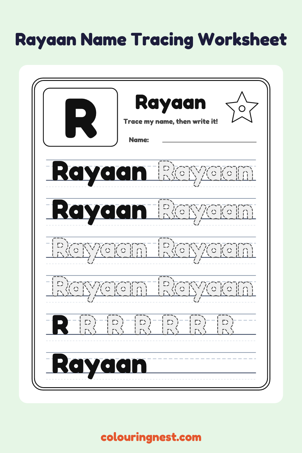 Rayaan Name Tracing Worksheet: free printable black-and-white line art