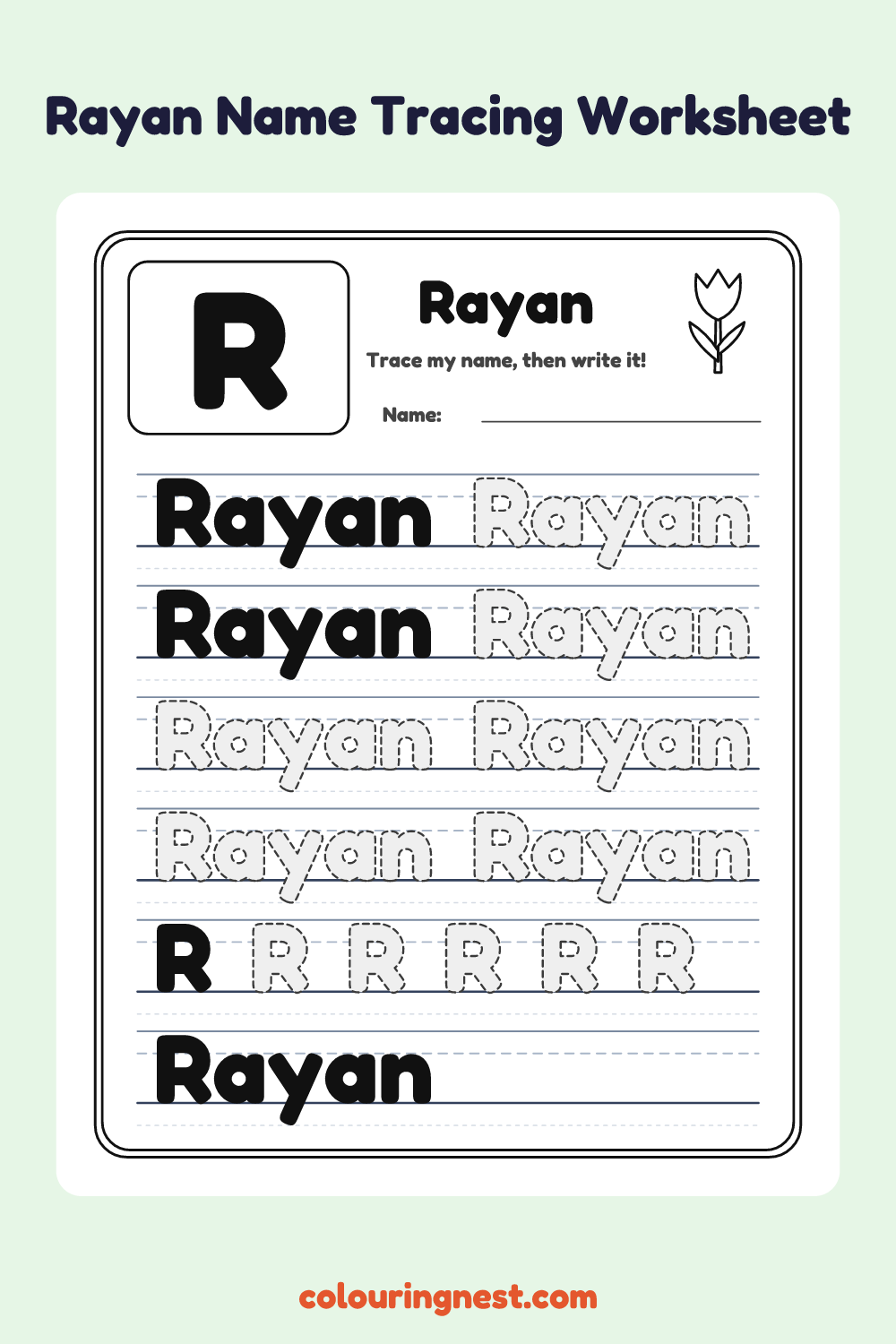 Rayan Name Tracing Worksheet: free printable black-and-white line art