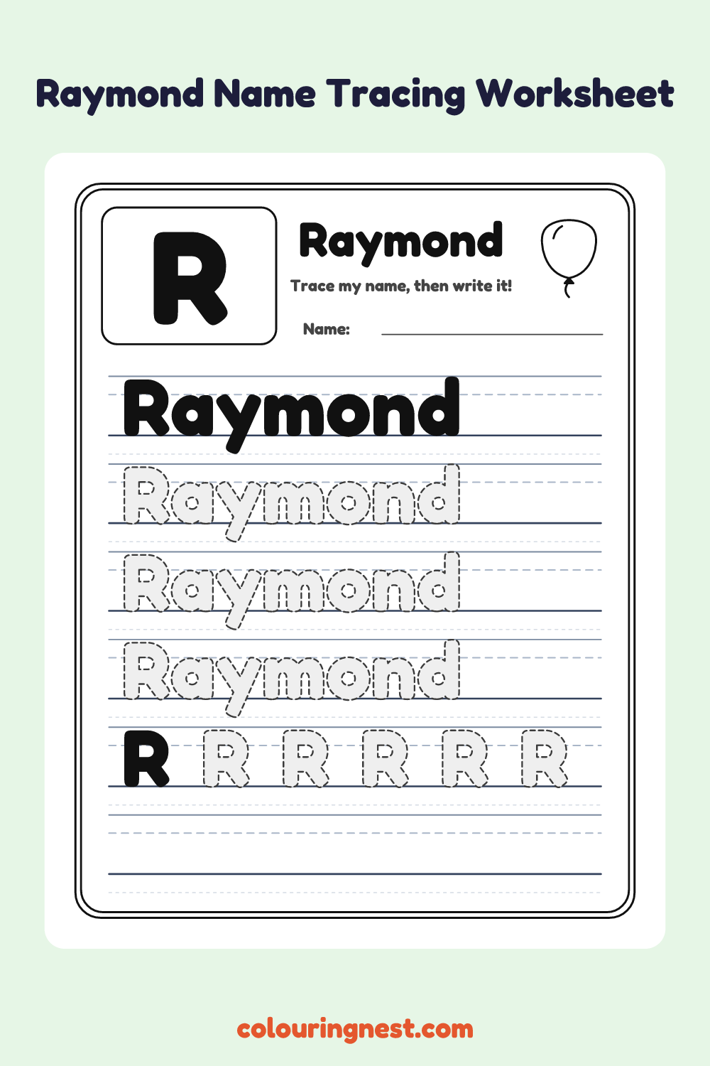 Raymond Name Tracing Worksheet: free printable black-and-white line art