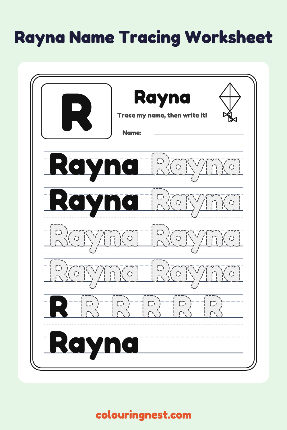 Rayna Name Tracing Worksheet: free printable black-and-white line art