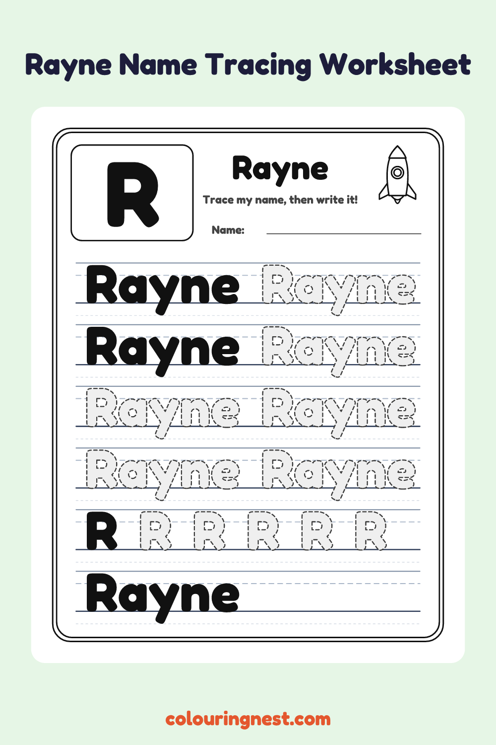 Rayne Name Tracing Worksheet: free printable black-and-white line art