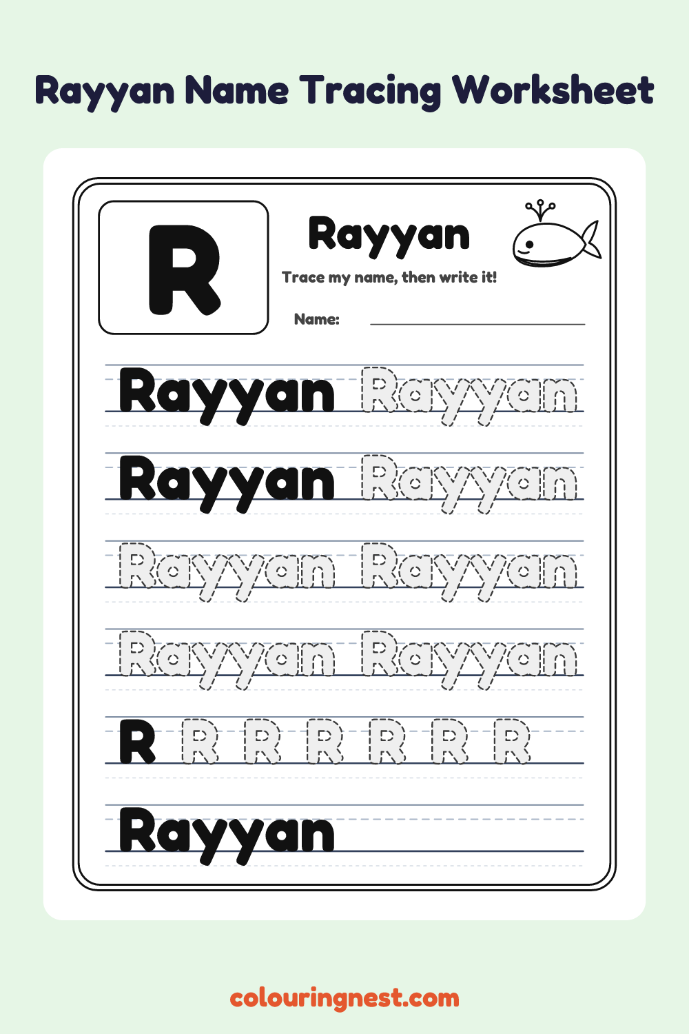 Rayyan Name Tracing Worksheet: free printable black-and-white line art